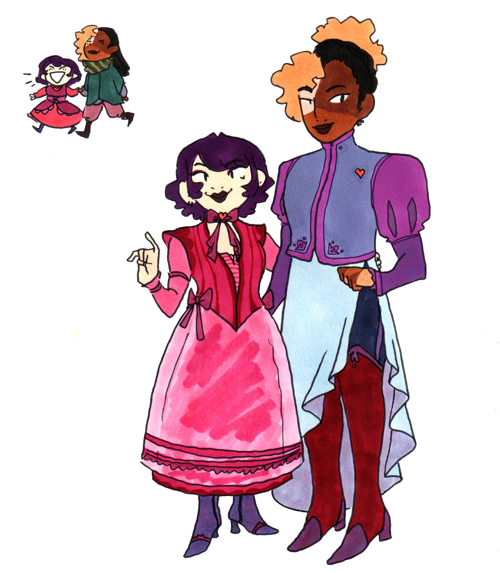 two drawings of Sheol and Lilika from the webcomic Patchwork and Lace. In the top left, chibi versions of them walk and hold hands. In the bottom right, a larger picture shows them in fancy outfits with an arm around each other.