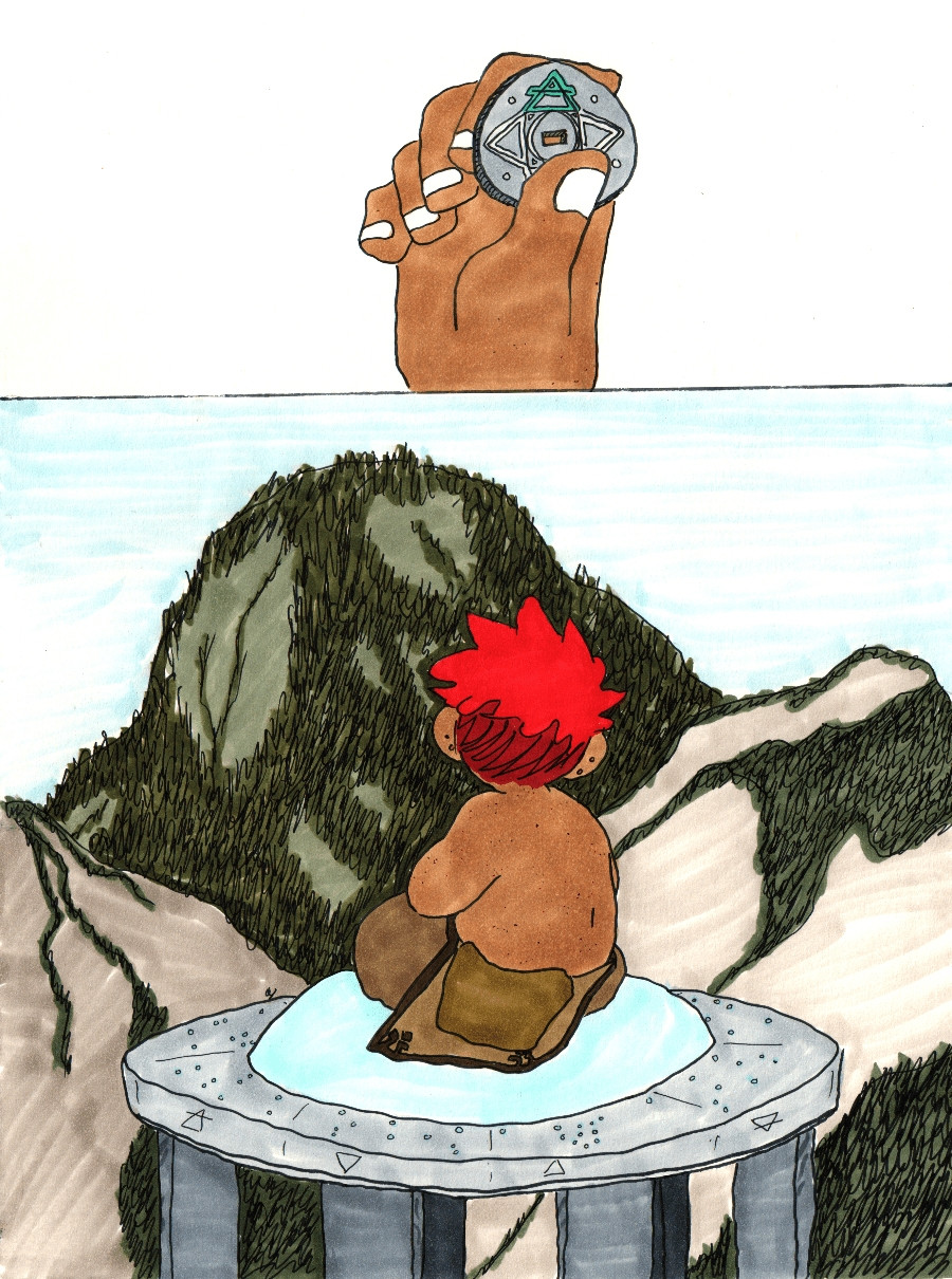 kings of sorts page. A hand holds a gray disc with a hole in the middle. The disc depicts four triangles pointed away from the center, one of which is obscured by the hand’s thumb. The middle visible triangle has a line through it.
A red haired boy sits atop a round domed platform with alchemical symbols drawn along the side. Before him are some forested mountains.