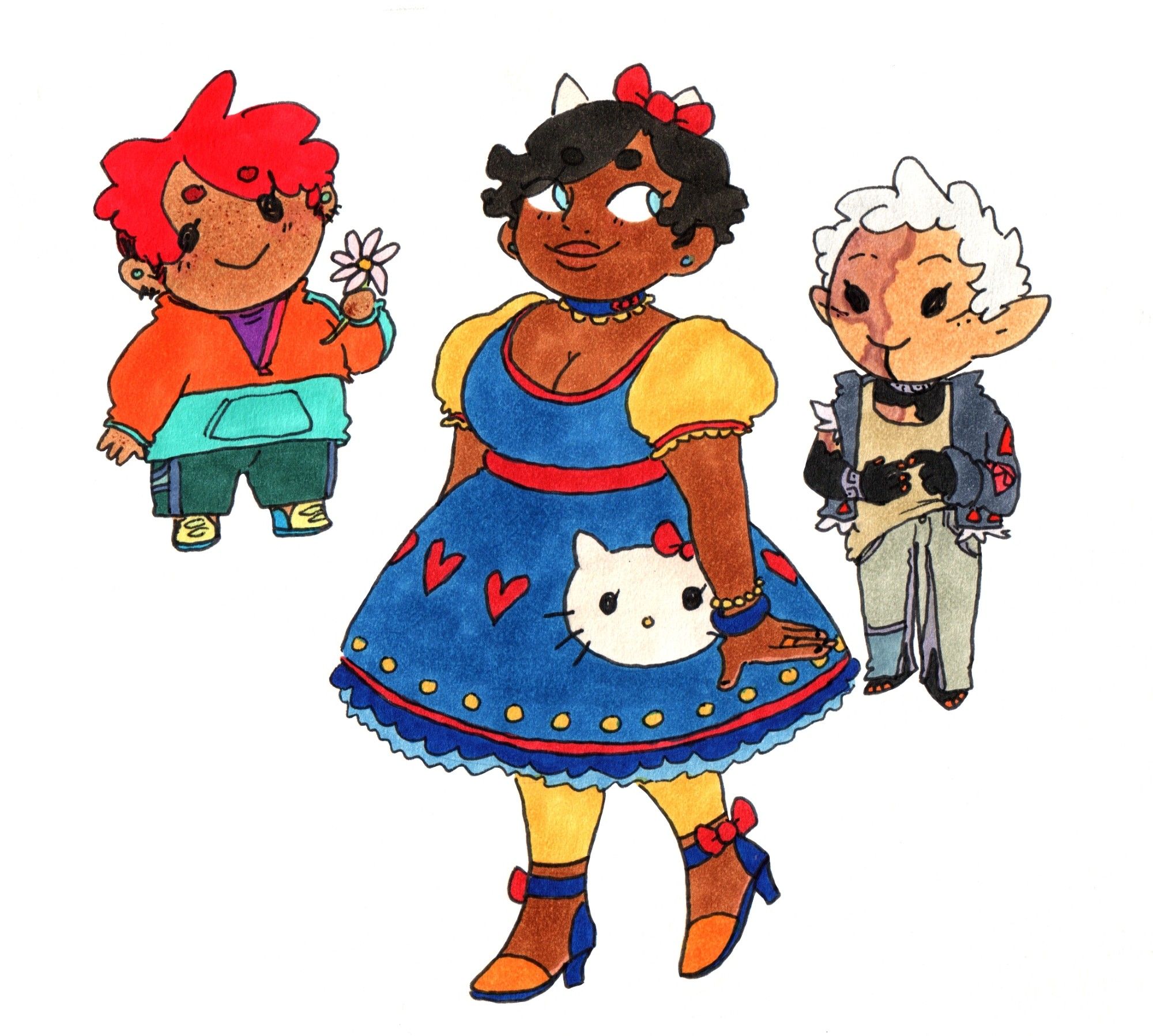 3 scanned marker and pen drawings. sanrio chibi versions of hana, fantasy dwarf with red hair and freckles, and bon, fantasy elf with white hair and burn scars, are on the left and right respectively. chaarose, a chubby woman with dark skin and short dark grey hair, poses in a hello kitty themed outfit.