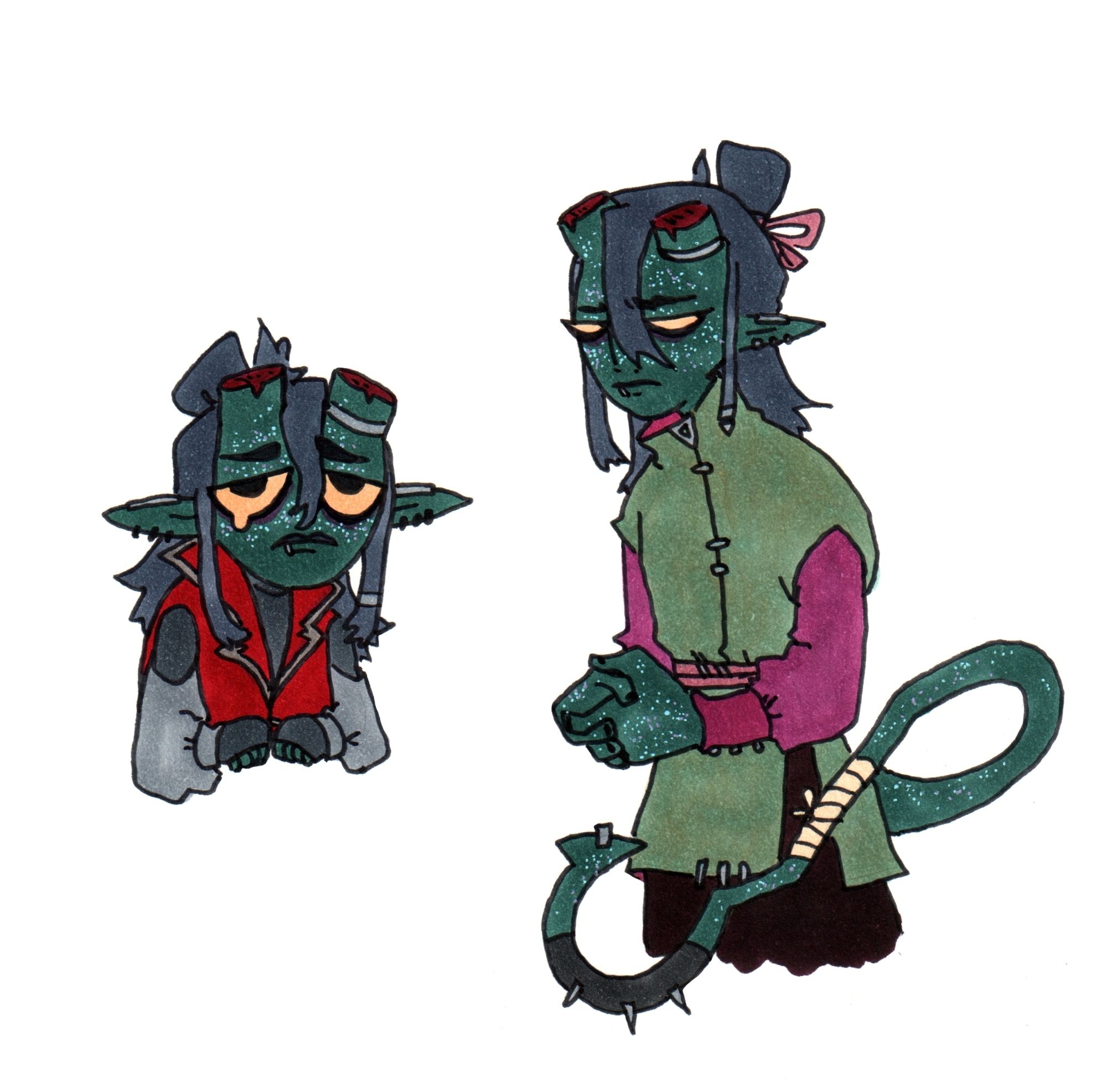 scanned marker and pen drawing. two drawings of a dark teal colored tiefling with sawed off horns and light blue freckles and a very sad, emo look to him. left is more chibi, right is a half body drawing.