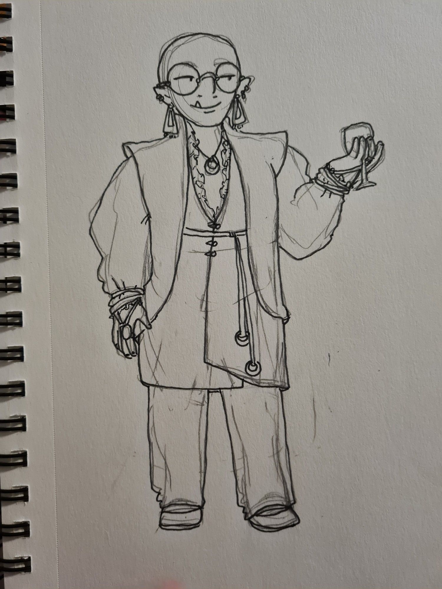 photo of a line drawing of a guy wearing a relaxed but fancy evening drinking outfit. very loose, comfy clothes.