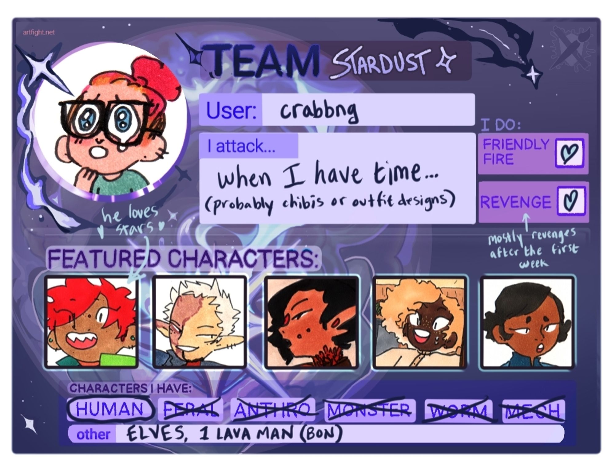 team stardust art fight card. user: jacki, i attack... when i have time... (probably chibis or outfit designs). i do (check mark) friendly fire and (check mark) revenge. a note says "mostly revenges after the first week". featured characters are my webcomic characters. characters i have: human, elves, 1 lava man (bon).