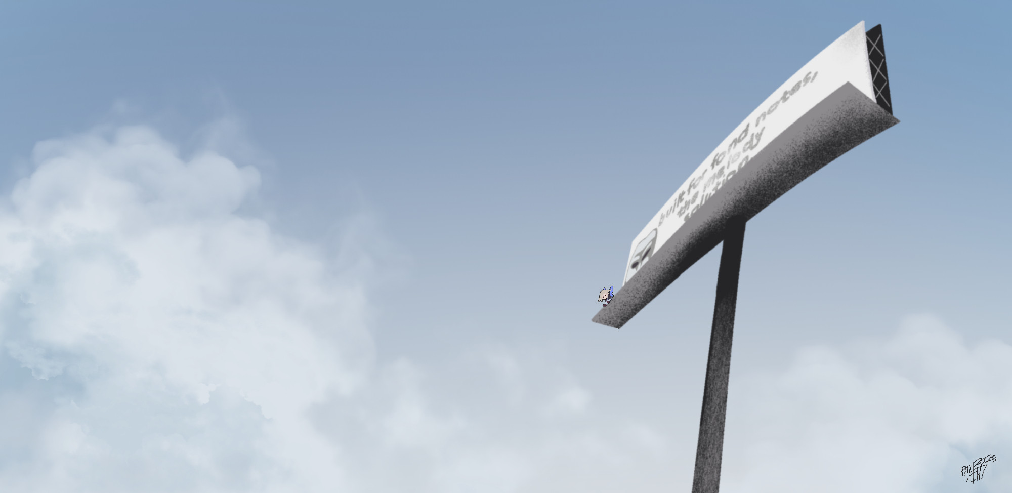 View of the billboard in Alto's sky. Urotsuki is sitting at the edge with the fairy effect on.