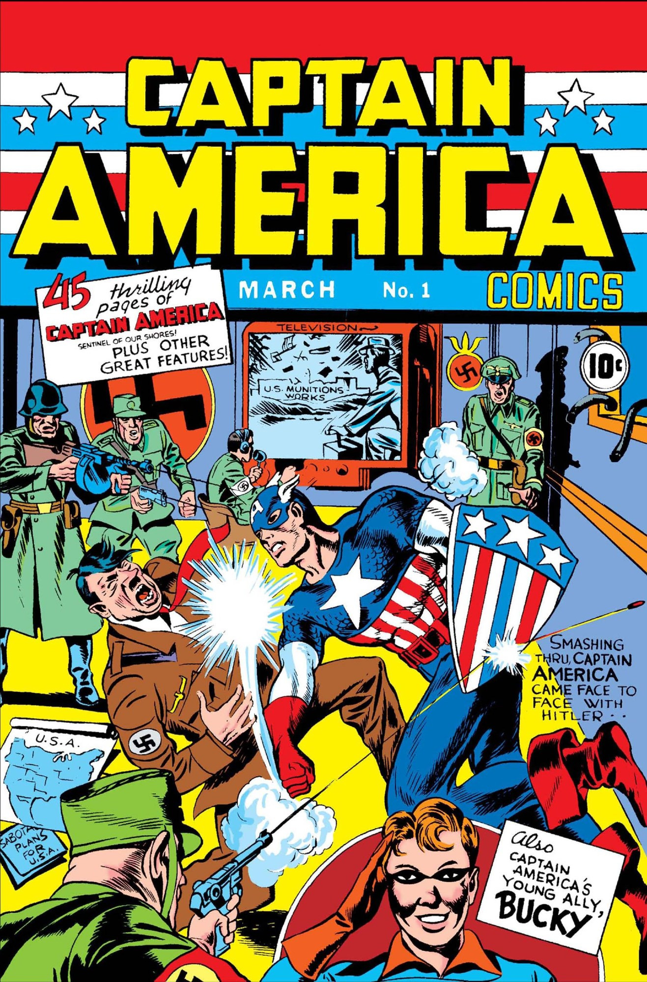 The cover of Captain America #1 which features the super hero punching Hitler in the face.