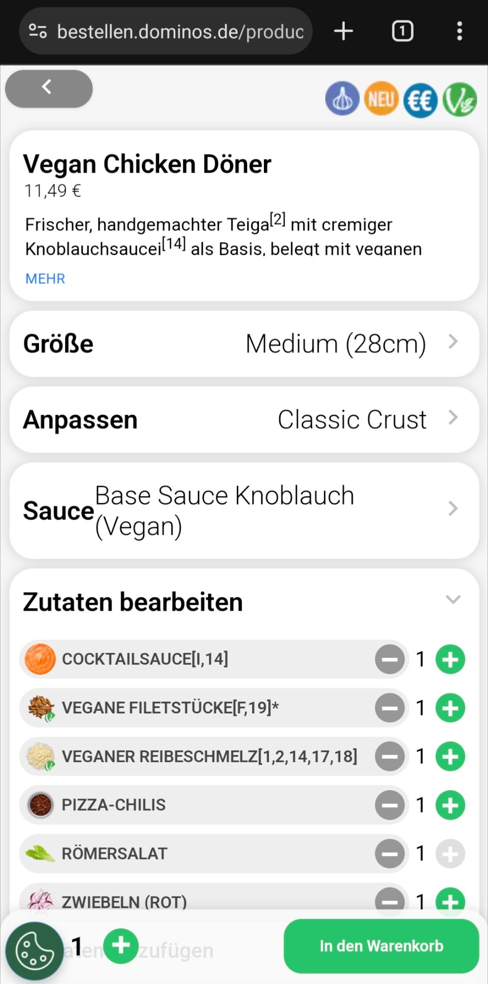 Übersicht der Zutaten der veganen Pizza "Chicken Döner". Zu sehen ist die Cocktailsoße, welche vorausgewählt ist.