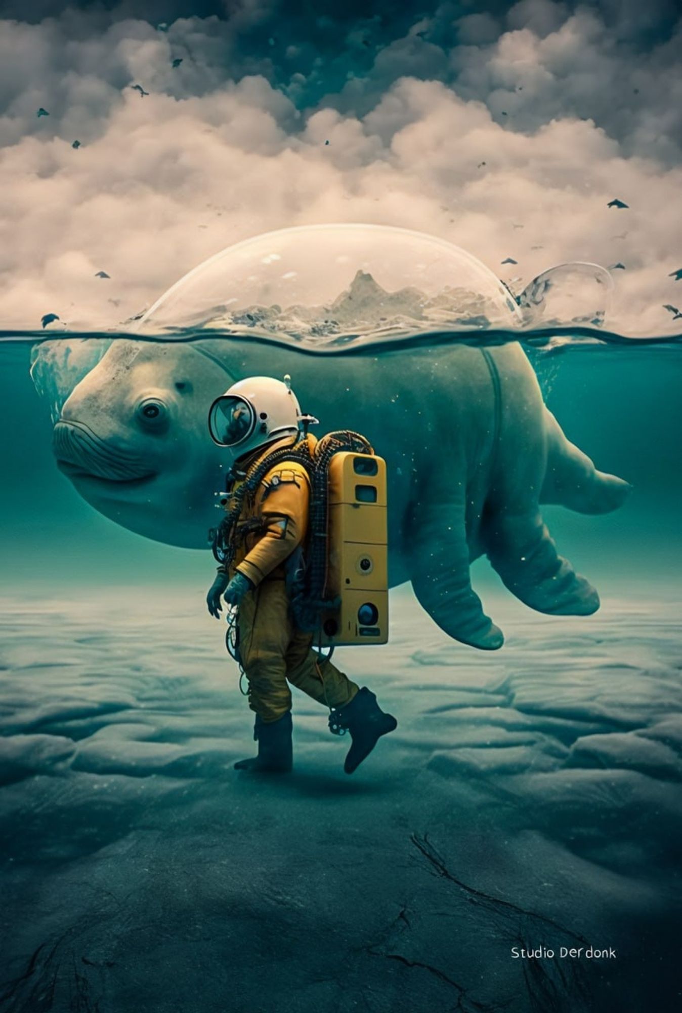 Astronaut walking underwater. Behibd him swoms a big fish!