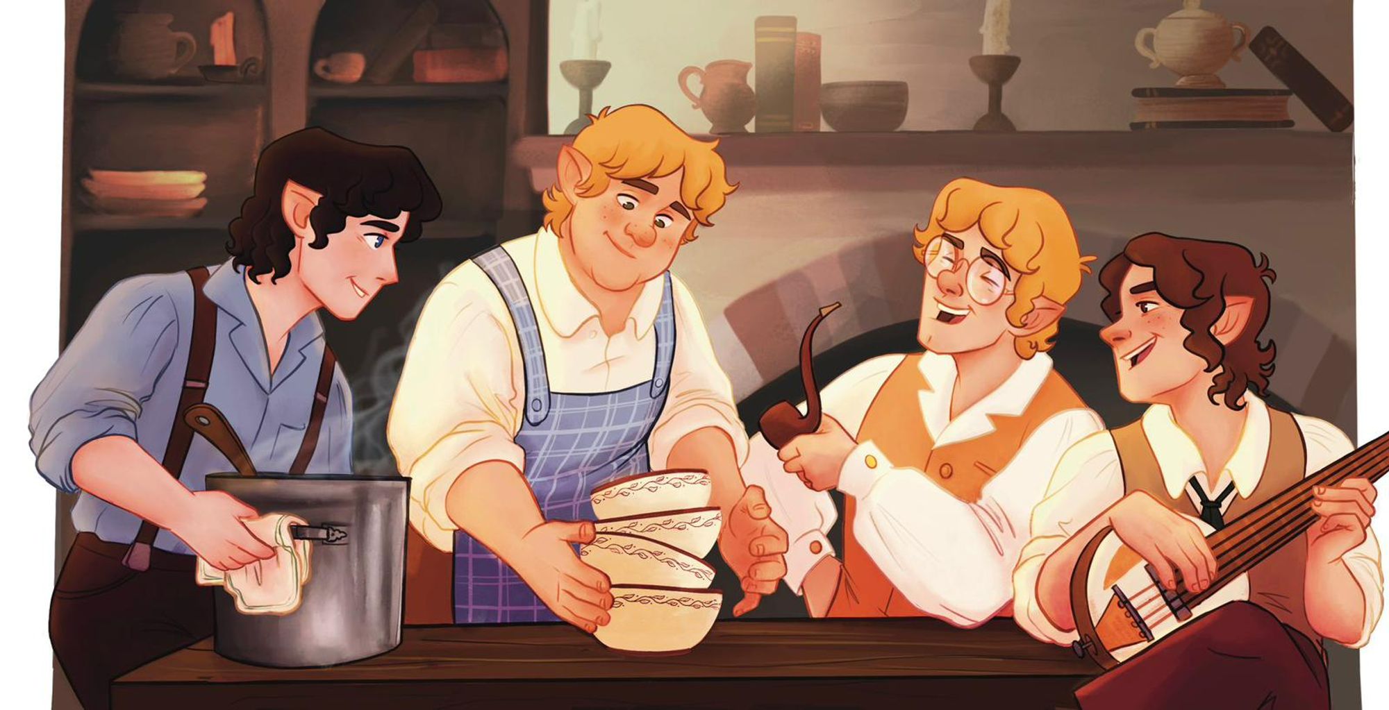 An image by @midearthling.bsky.social of the four hobbits from J.R.R. Tolkien's Lord of the Rings around a table preparing for dinner: from left to right, Frodo, Sam, Merry, and Pippin. Frodo is holding a pot of steaming soup. Sam, decked out in a hobbit apron, is setting four bowls on the table. Merry is smoking a pipe and laughing. Pippin is playing a lute and singing to entertain his friends.