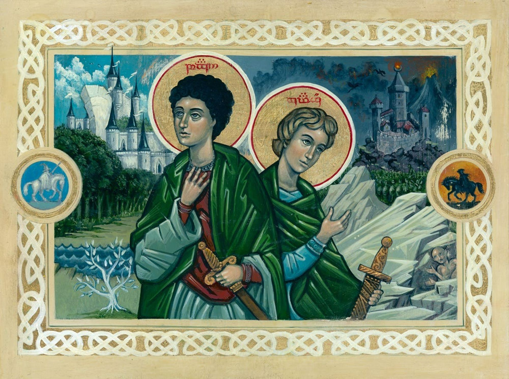 A painting of Frodo (left) and Sam (right) from The Lord of the Rings in the style of a Byzantine icon. Visible behind Frodo on the left side is Minas Tirith, the River Anduin, and the White Tree of Gondor; behind Sam on the right side, Gollum can be seen crouching behind a rock in front of Minas Morgul. Both Sam and Frodo have traditional Byzantine haloes.