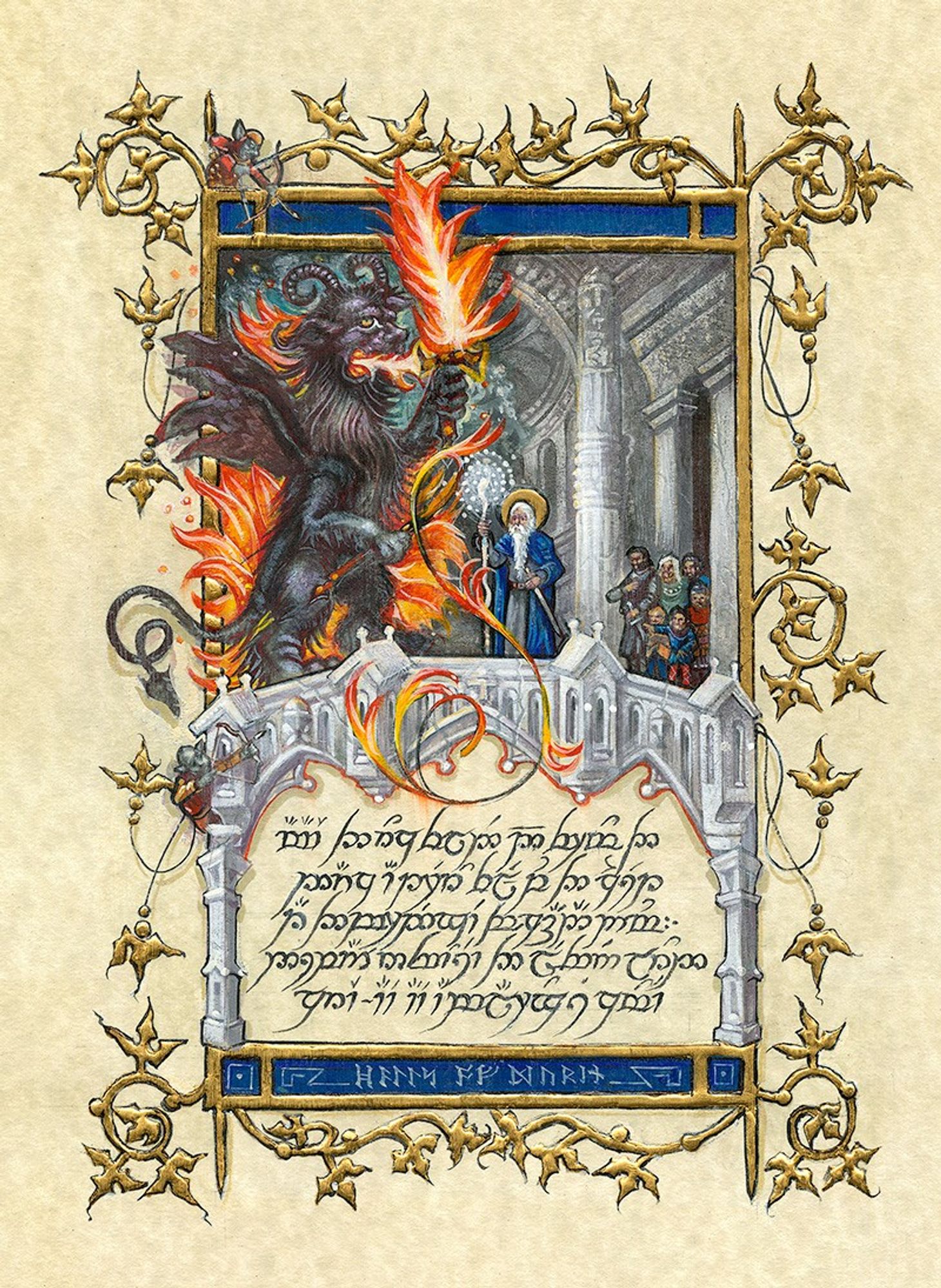 An illustration of the Bridge of Khazad-dum from The Fellowship of the Ring in the style of a medieval illuminated manuscript. On the left-hand side, the Balrog, looking like a monster out of a fourteenth-century bestiary, wields a sword of flame. On the right-hand side, a wizened, haloed Gandalf stands off against him, while the other members of the Fellowship look on.