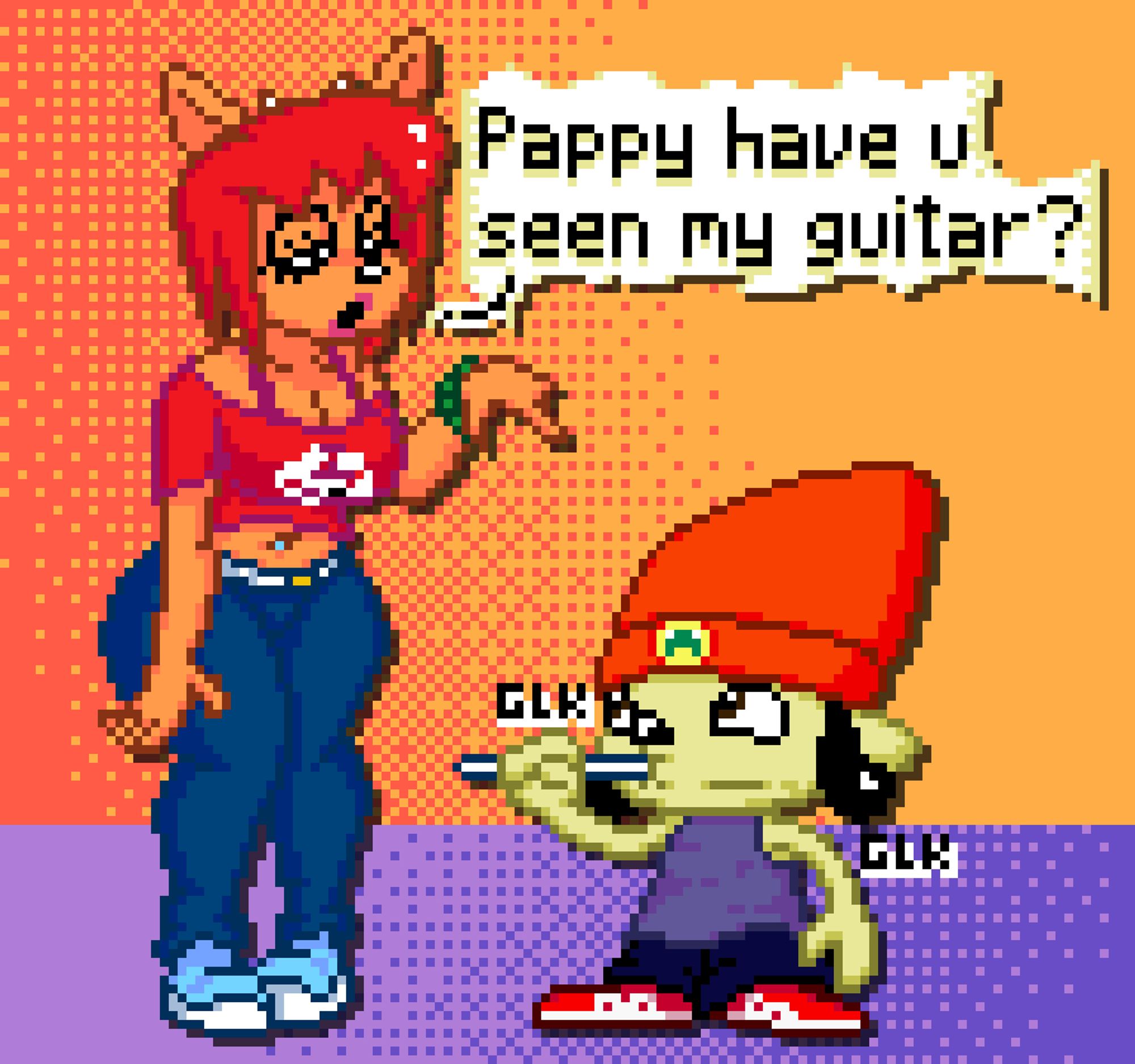 Lammy Lamb asking Parappa (who's sucking on a lollipop) where her guitar is.