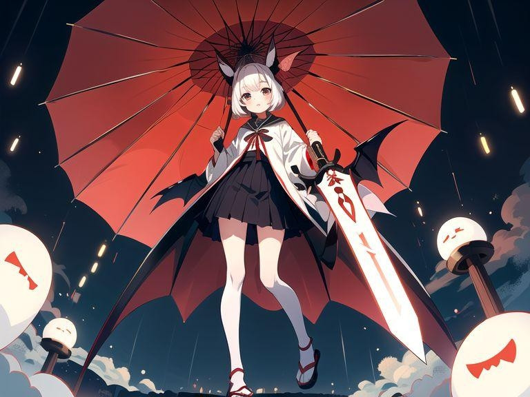 Umbrella ghost, Tsuchigumo, and bat girl, (1 girl), Broken Umbrella, (8 Tsuchigumo legs), Bat wings and ears Raincoat skirt, Bat wing Japanese sword (weapon), Karagasa spear, (full body)