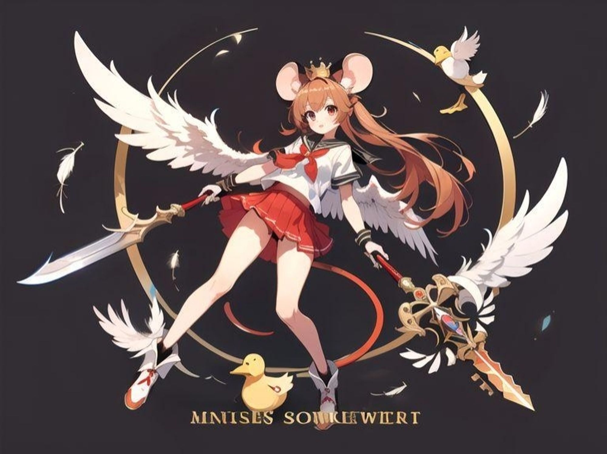 Mouse and duck girl, (miniskirt sailor suit and red shorts), ((mouse ears and tail, duck wings and tail feathers)), (duck wings), ((crown)), ((large key sword (weapon) ))), duck feather knife (weapon),(fullbody)