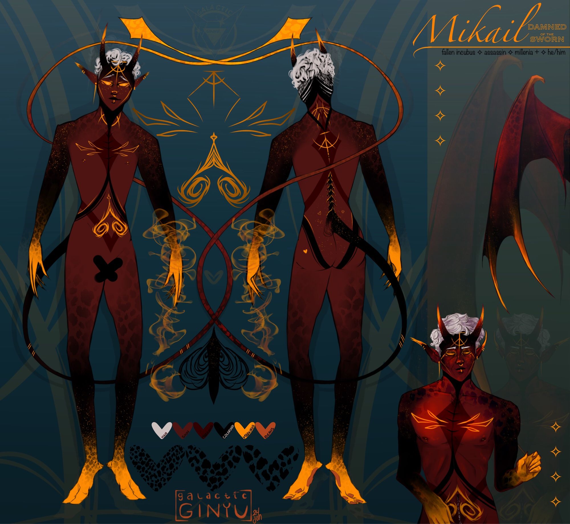 character ref sheet. front and back of a red incubus with designs and detailing marked. name is Mikhail.