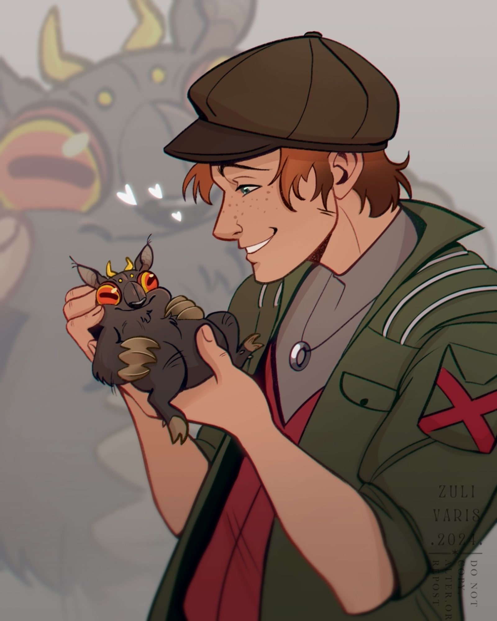 A digital drawing of a young man cooing a little chonk imp creature called a Jackie.