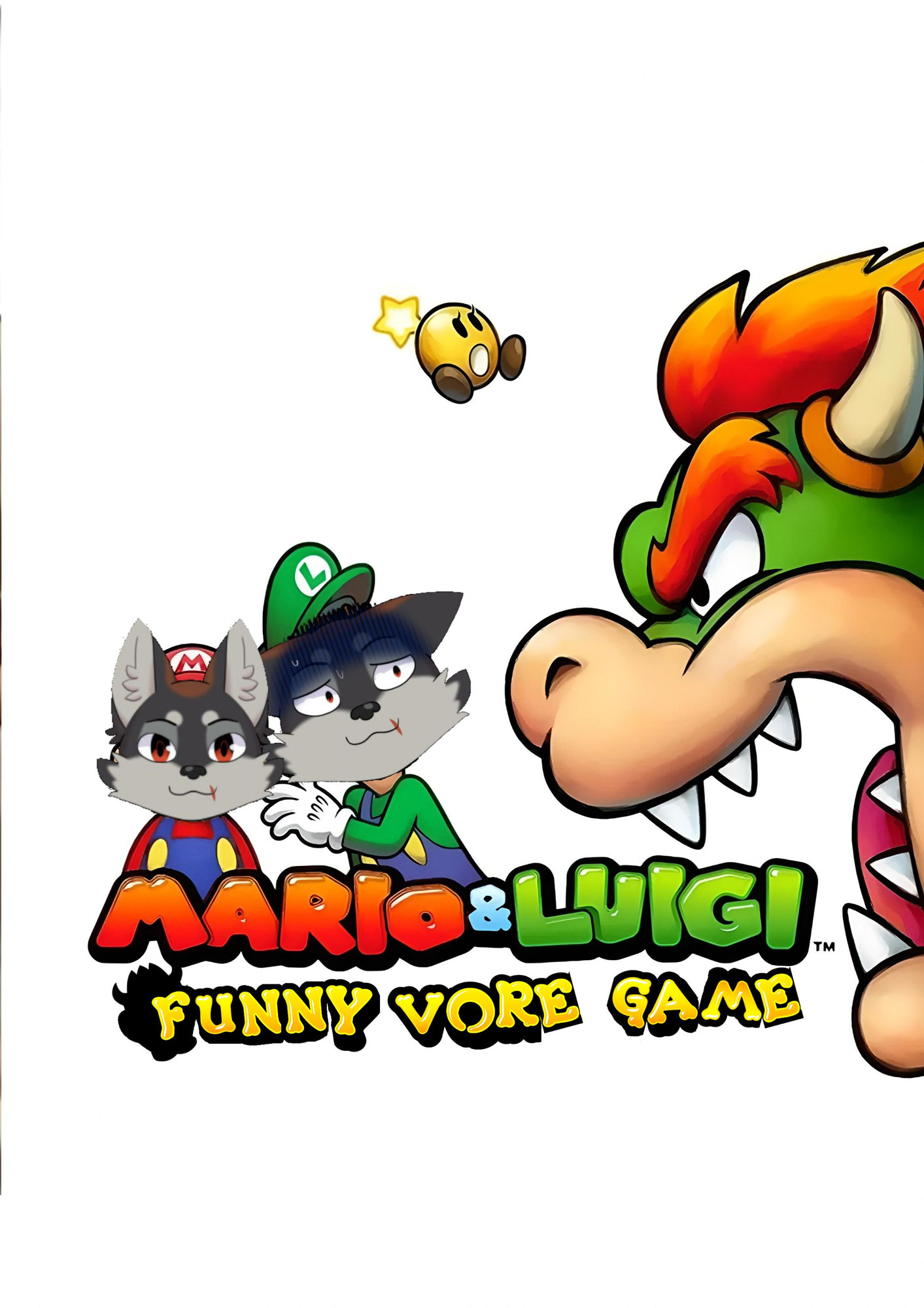 Promo art for Mario & Luigi: Bowser’s inside story, but I have cropped my Fursona-vtuber’s face onto both Mario’s obliviously calm face and Luigi’s (rationally) terrified demeanour. In addition, I have changed the subtitle of the game to read “Funny Vore Game” by clipping letters from various international release logos like some odd, self-referential serial-killer magazine-clipping ransom letter. 