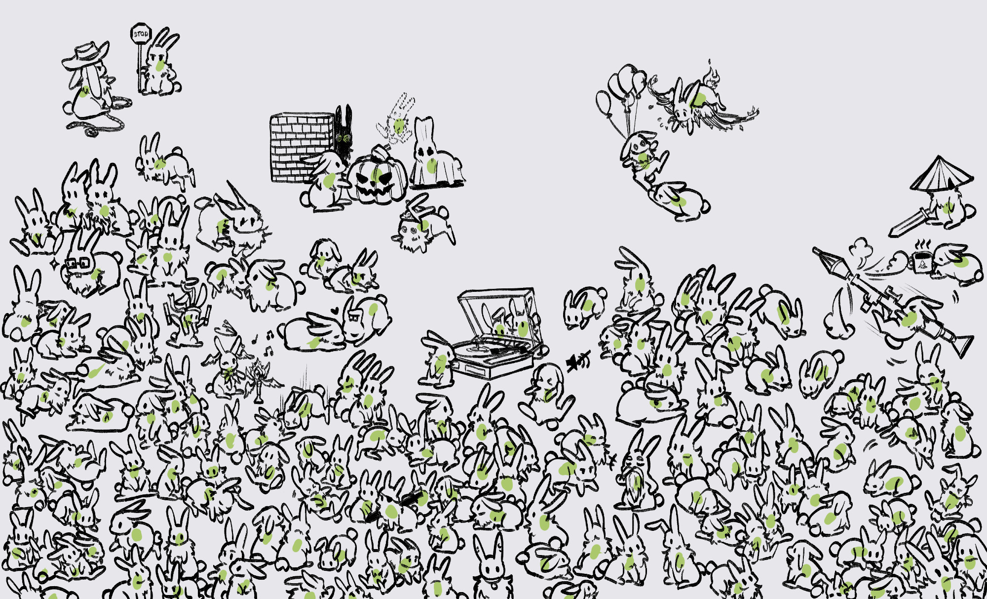 Canvas drawing of 151 drawn rabbits.