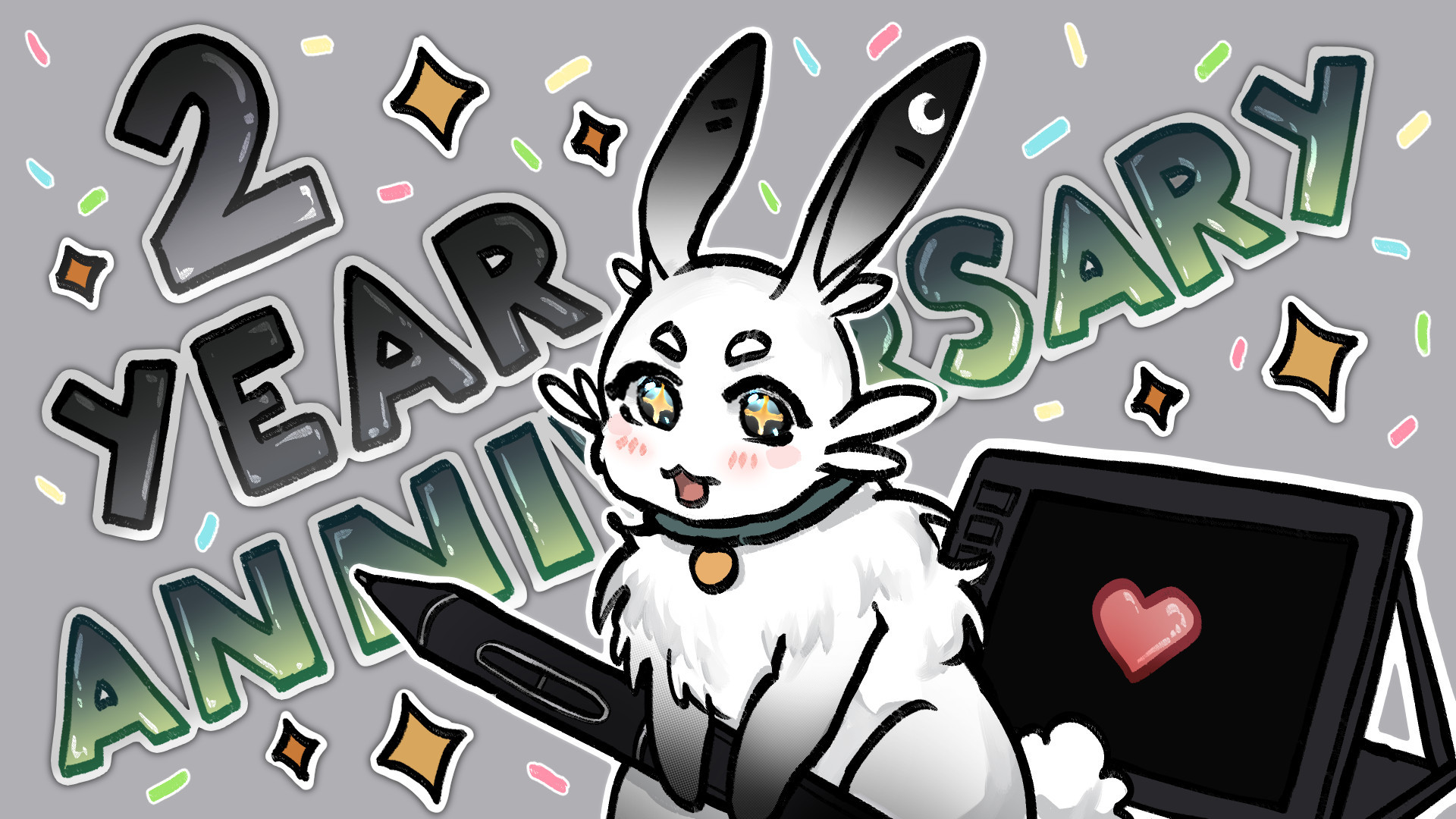 YouTube thumbnail of a rabbit holding a pen with a graphics tablet behind it. Text in the back says "2-Year Anniversary".