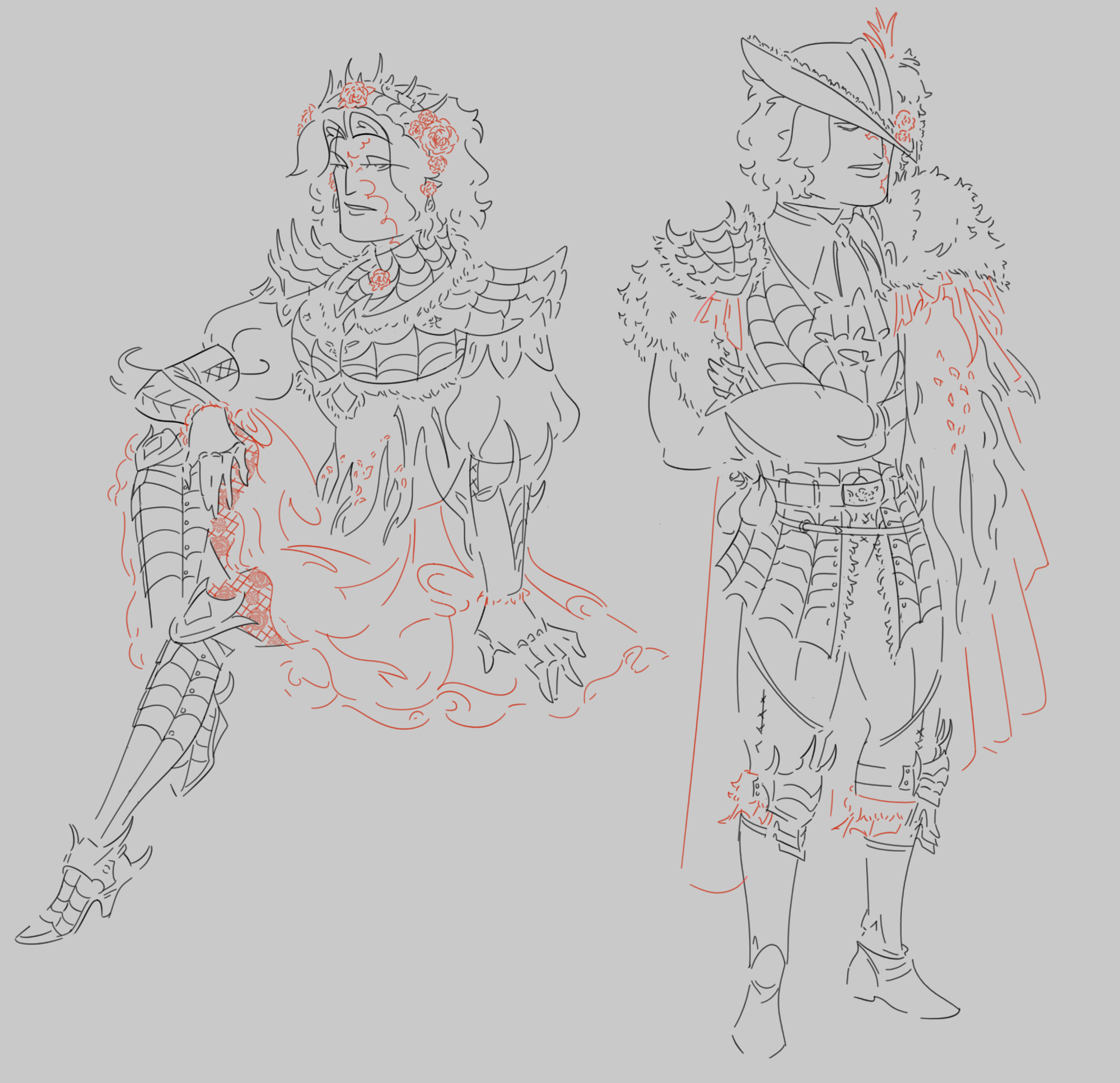 Two more sketches of Maidos - wearing both sets of Lala Barina armor that have been previewed in monster hunter wilds. He's sitting down, hands on his knee as the dress flows behind him on the left, and standing up with arms crossed, a cape flowing down his shoulder on the right.