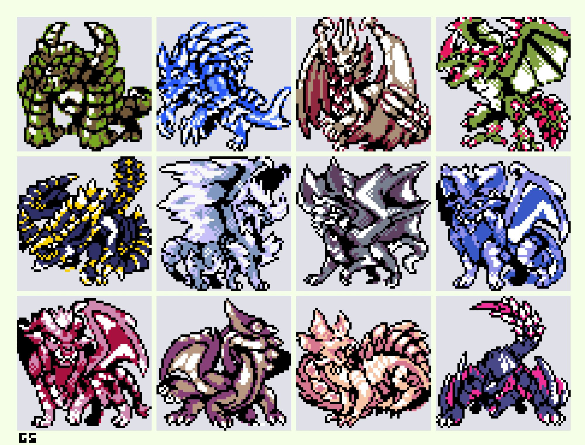 Sprites of monsters from monster hunter inspired by pokemon gold and silver. Each sprite is composed of four colours: Black, white, and 2 colours dedicated to the monster. From Left to right, Top to bottom: Garangolm, Lunagaron, Malzeno, Espinas, Meraginasu, Velkhana, Kushala Daora, Lunastra, Teostra, Chameleos, Mizutsune, Nargacuga.