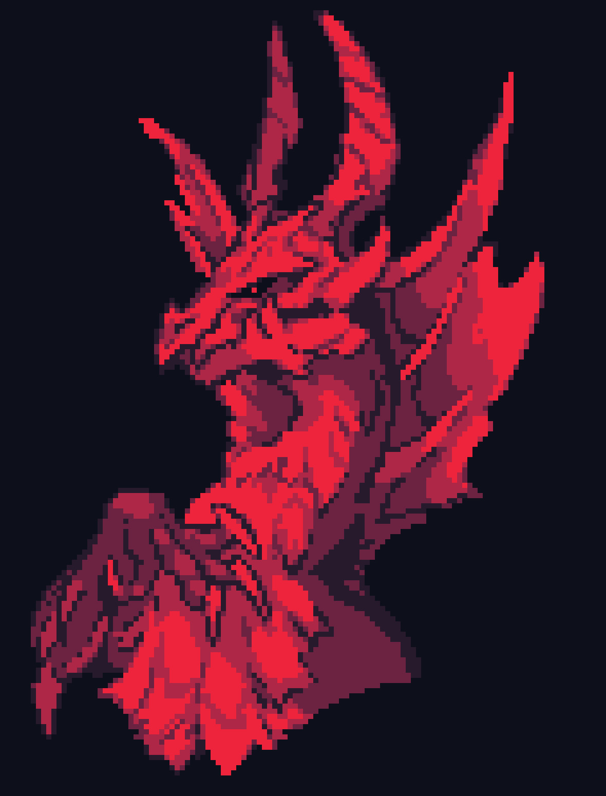 A portrait of the Elder Dragon Malzeno done in Pixel-art, consisting of various hues of red. A single hand is pressed infront of the Qurio jabot on the dragon's neck. It is looking at the viewer directly.