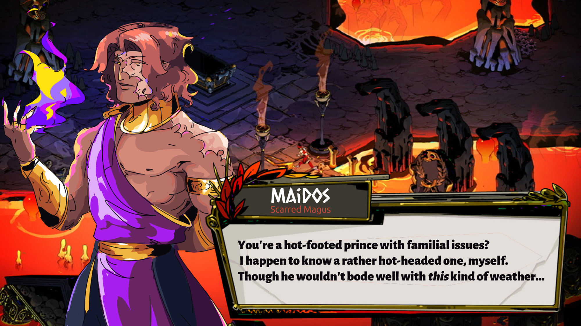 A fake screenshot of the game Hades- set within the locale Asphodel, containing a drawing of my original character Maidos, a man with russet coloured skin, messy brown bangs and a notable face scar down his right shoulder dressed in an Exomis-styled garment, brandished with golden gauntlets and collar piece. He is holding a mysterious purple flame in his hand and the text reads as: Maidos, Scarred Magus: "You're a hot-footed prince with familial Issues? I happen to know a rather hot-headed one, myself. Though he wouldn't bode well with this kind of weather..."