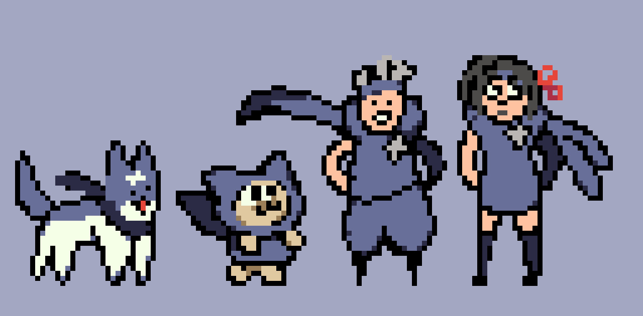 Sprites of the monster hunter characters Pup R, Kit T, Lance Gunn, and Ran Page.