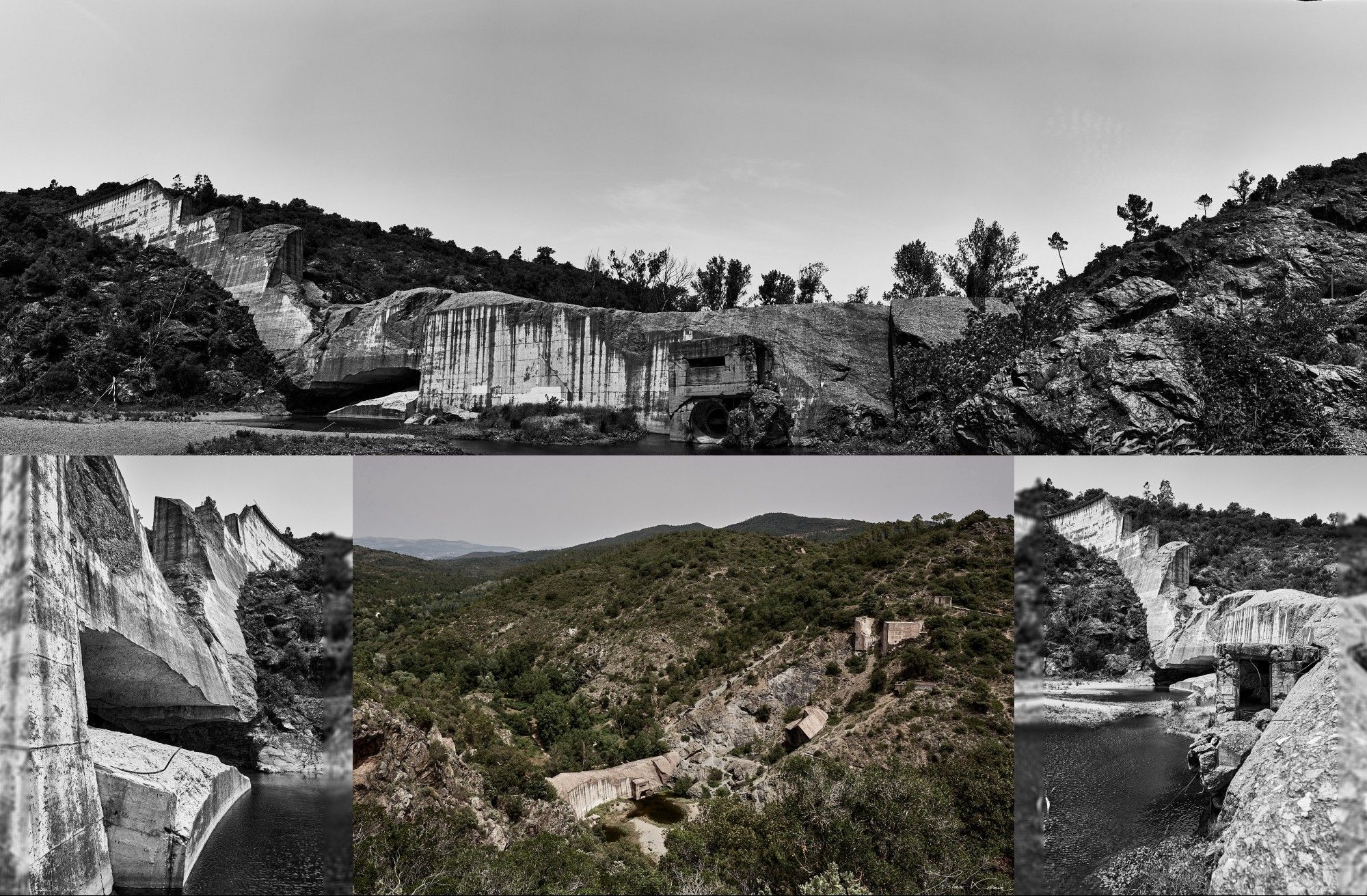 Mosaïque de photographies des ruines du barrage de Malpasset.