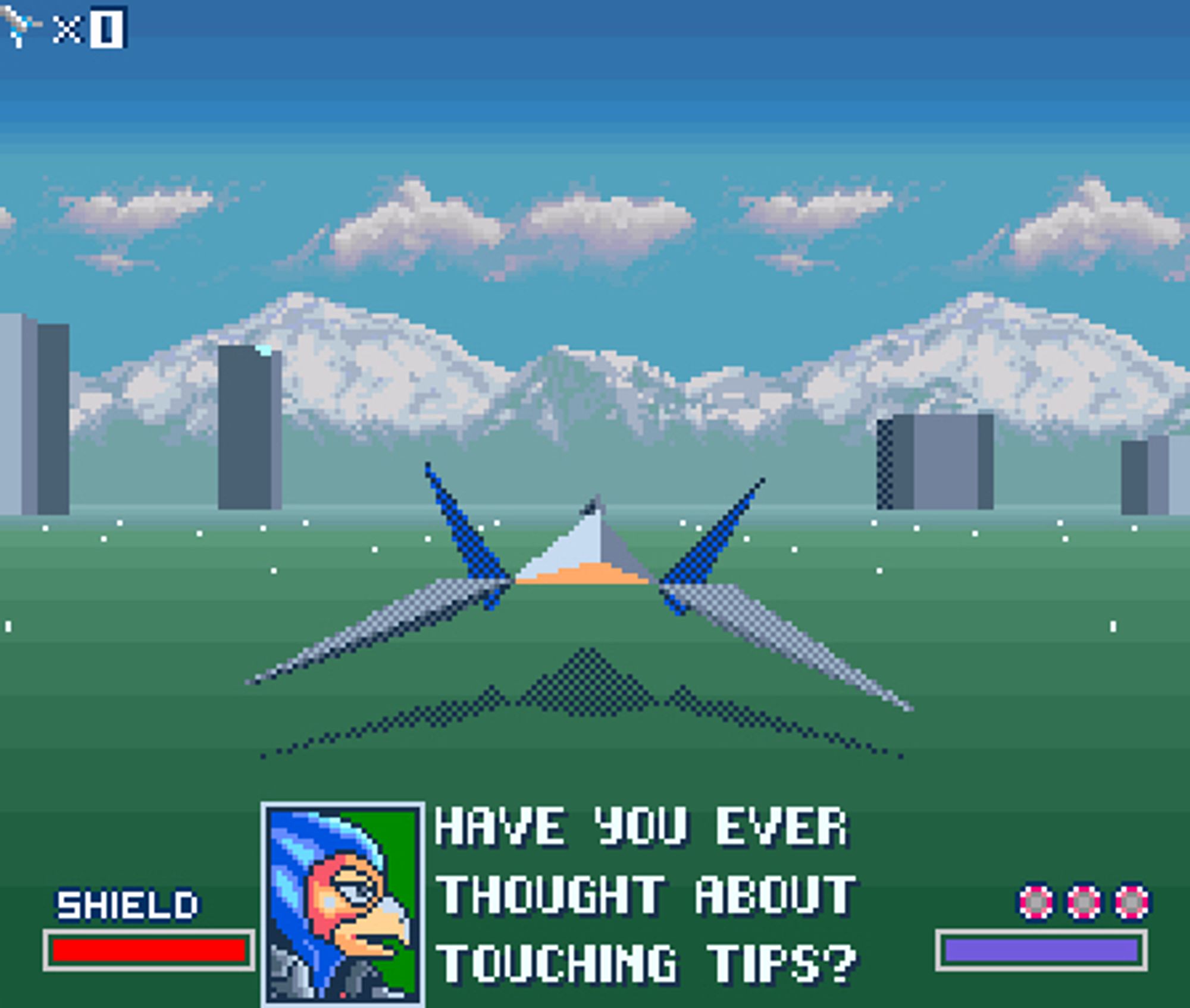 Falcon from Star Fox asking:

Have you ever
thought about
touching tips?