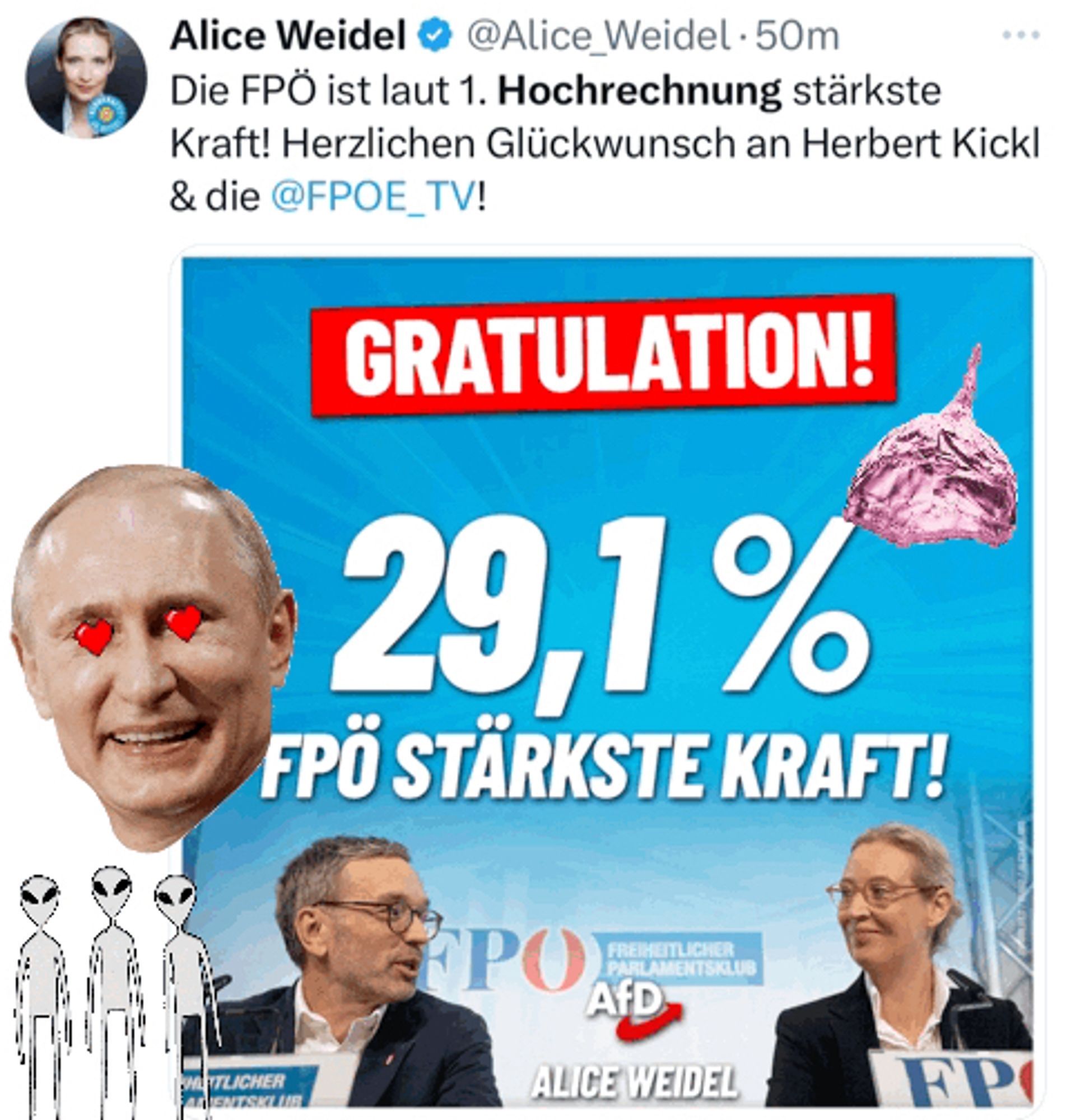 Screenshot X Post Alice Weidel: 

Die #FPÖ ist laut 1. Hochrechnung stärkste Kraft! Herzlichen Glückwunsch an @herbertkickl und die @fpoe_at 🤝🏻💙