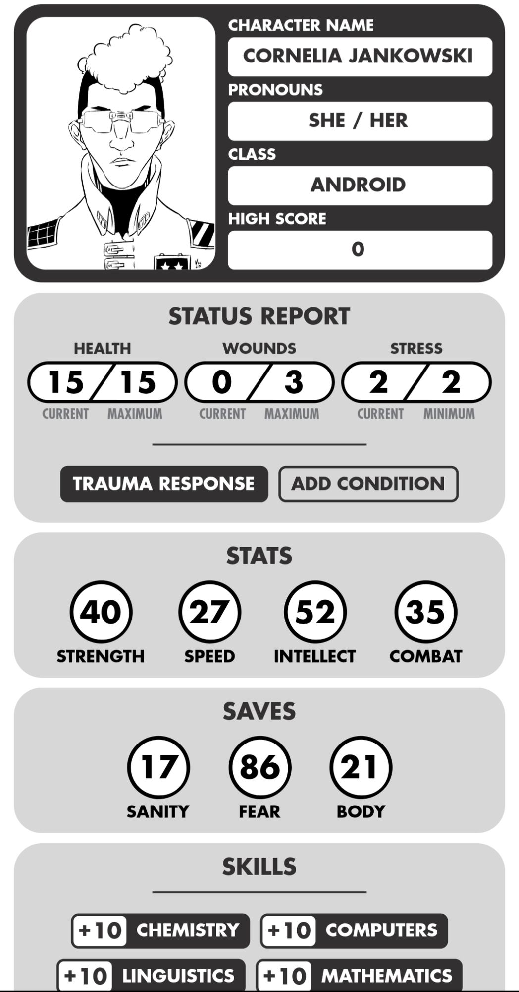 Mothership Character Sheet using the App