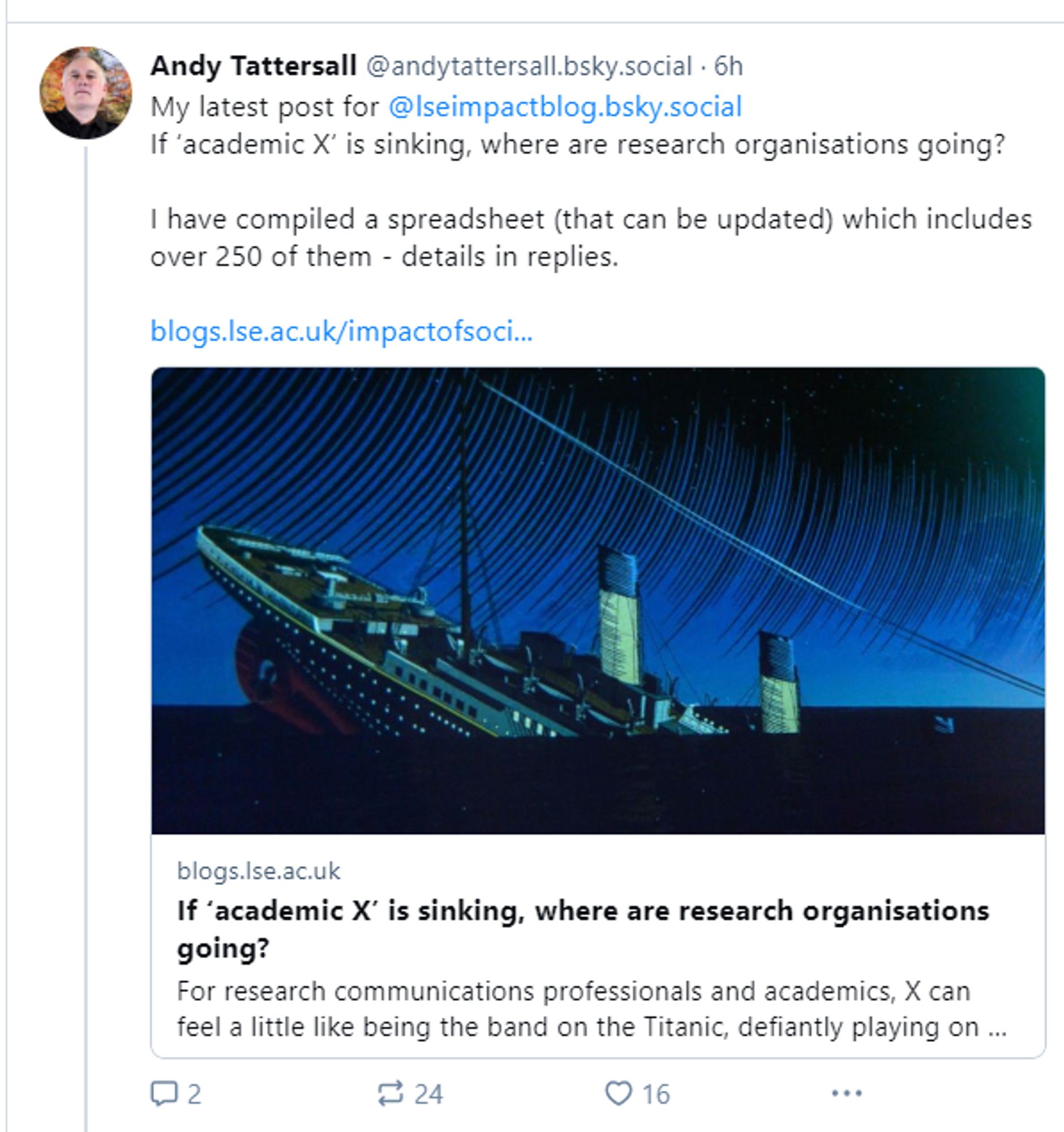 screenshot of my post on Bluesky about social media, image of the Titanic