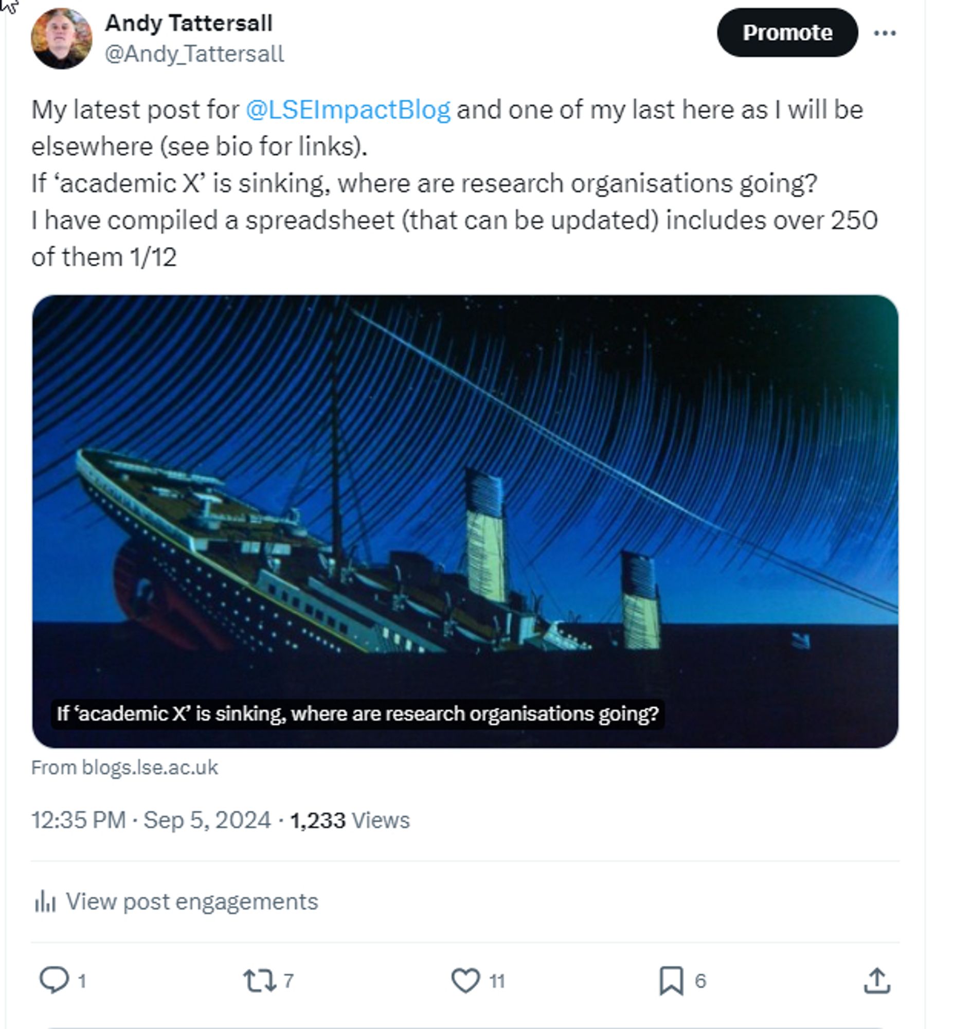 screenshot of my post on X about social media, image of the Titanic