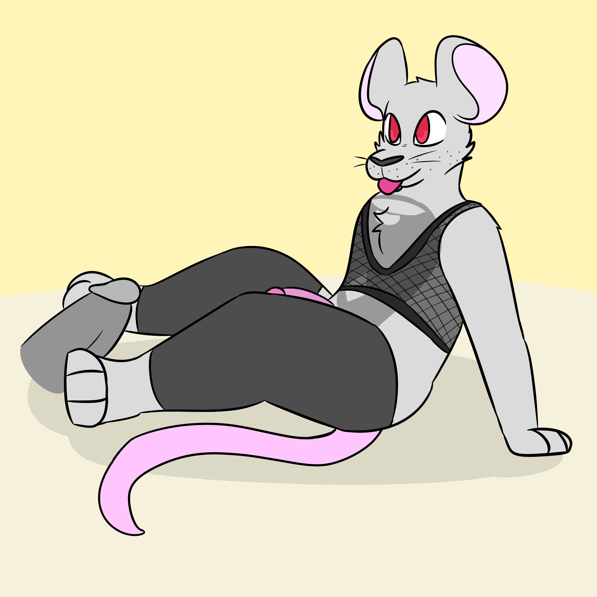 Marzipan, a grey furred mouse with red eyes, lying on his back wearing a fishnet top and thigh highs. Between his footpaws is a disembodied penis, and his tongue is sticking out at the off-screen individual that he has his feet on