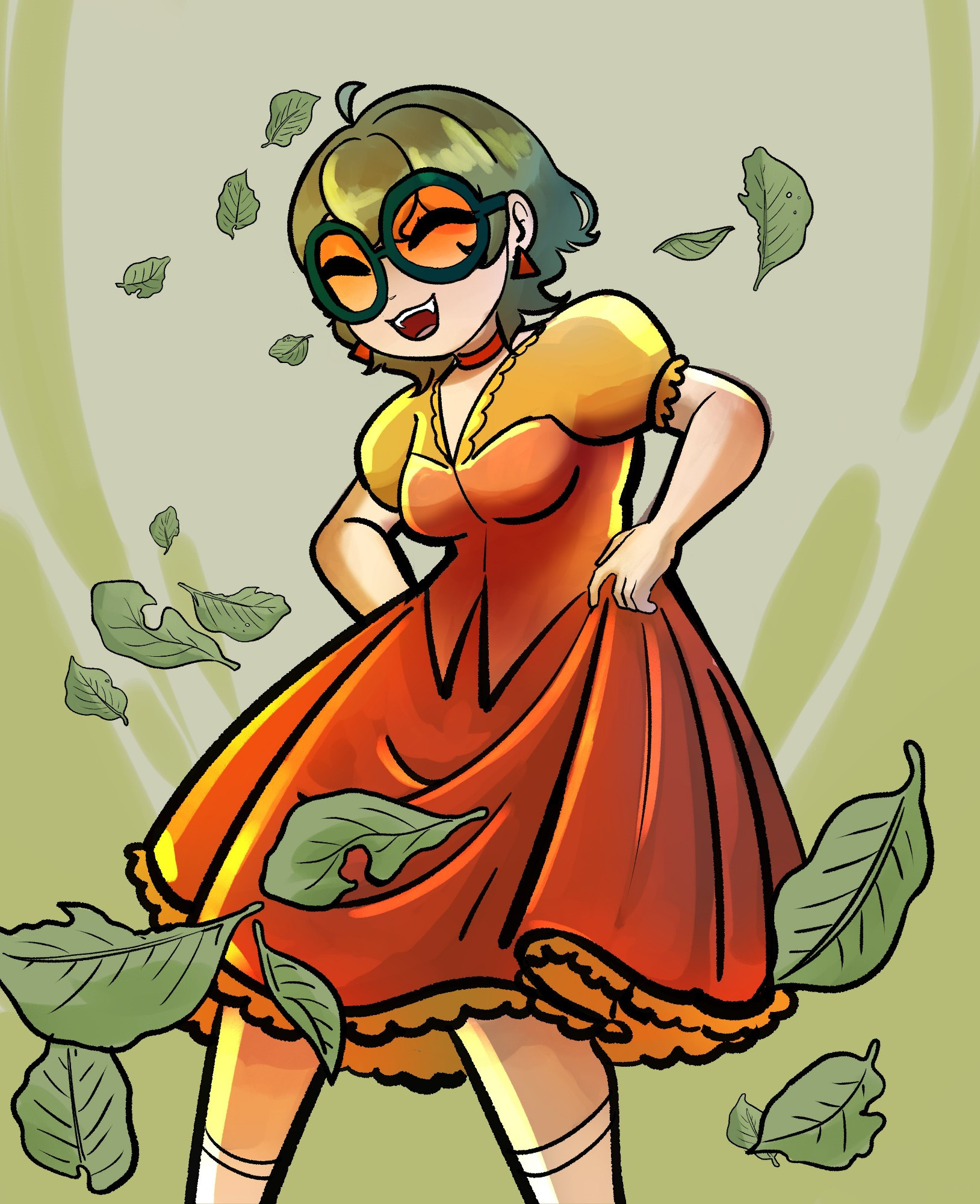 Ezekiels oc named oliver frolicking in the leaves with an orange dress smiling as the flying leaves surround her