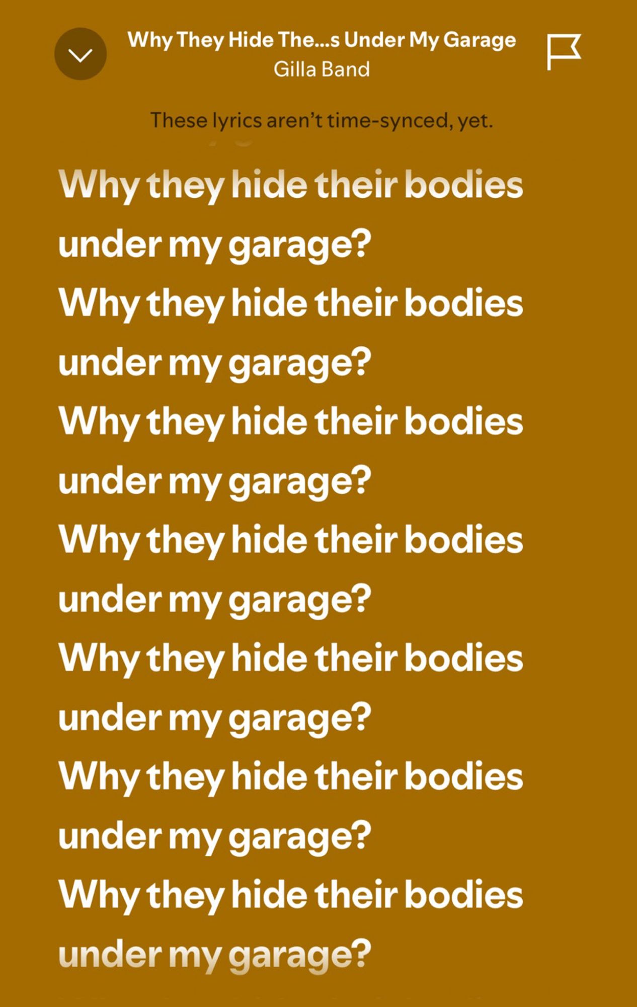 The line “why they hide their bodies under my garage?”