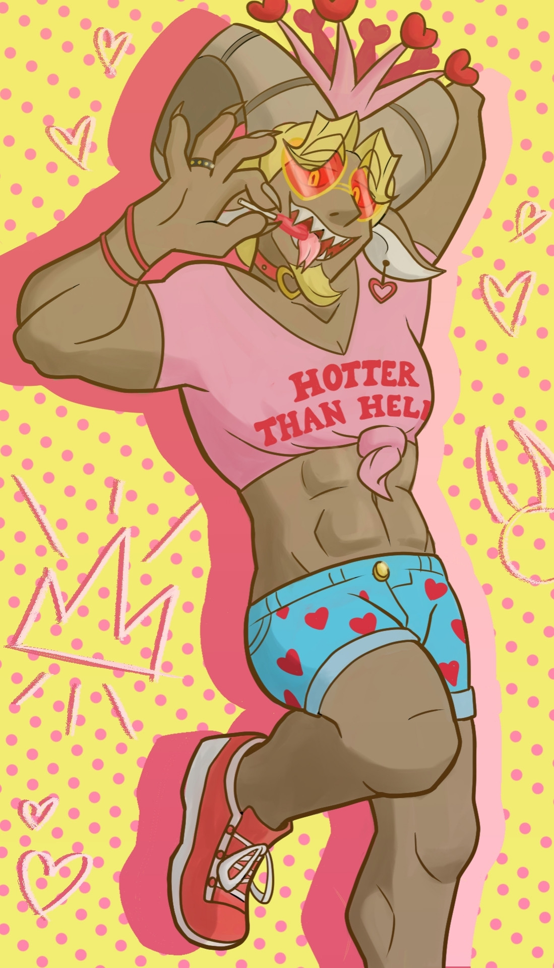 A buff man with tan skin, blond hair, ram horns, and red eyes with yellow irises. He is wearing a pink crop top that reads "hotter than hell" in red letters, jorts with red hearts on them, and red sneakers. He has dangly heart earrings, and a pink crown adorned with hearts. He cheekily sticks a lollipop in his mouth. The background is yellow with pink polka dots