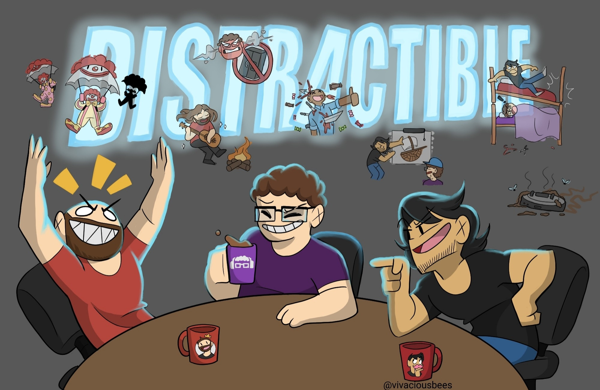 Lordminion777, Muyskerm, and Markiplier sit around a table laughing and bantering with each other. A large sign that reads DISTRACTIBLE in glowing blue letters is above them. Also above them are smaller, translucent doodles that reference multiple talking points from episodes, like Bob's fridge, campfire guitar guy, the poop-covered roomba, and others