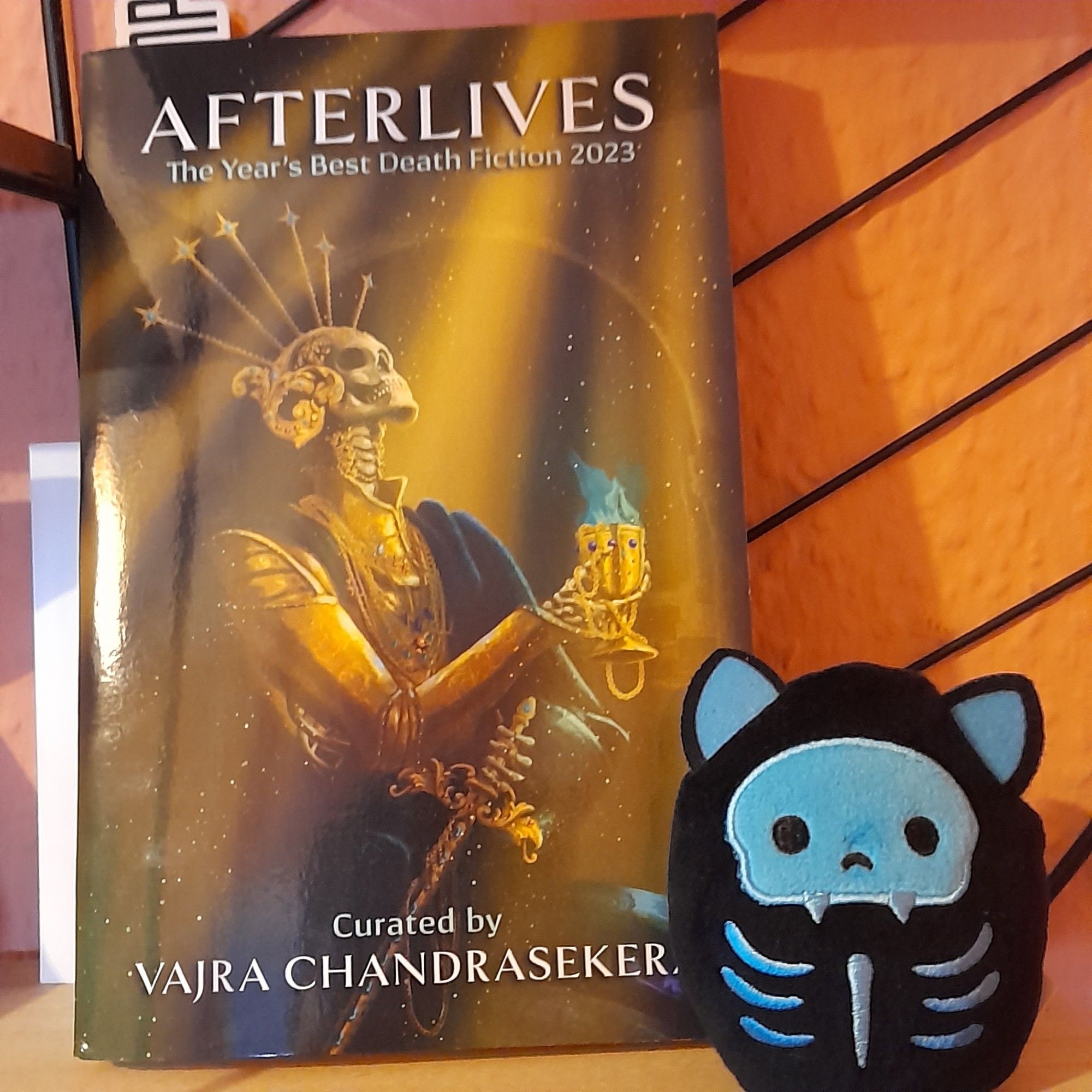 The cover of AFTERLIVES has gold and blue hues, with an elegantly garbed skeleton wearing a crown and holding a flaming goblet. A glow in the dark skeleton squishmallow nestles close.