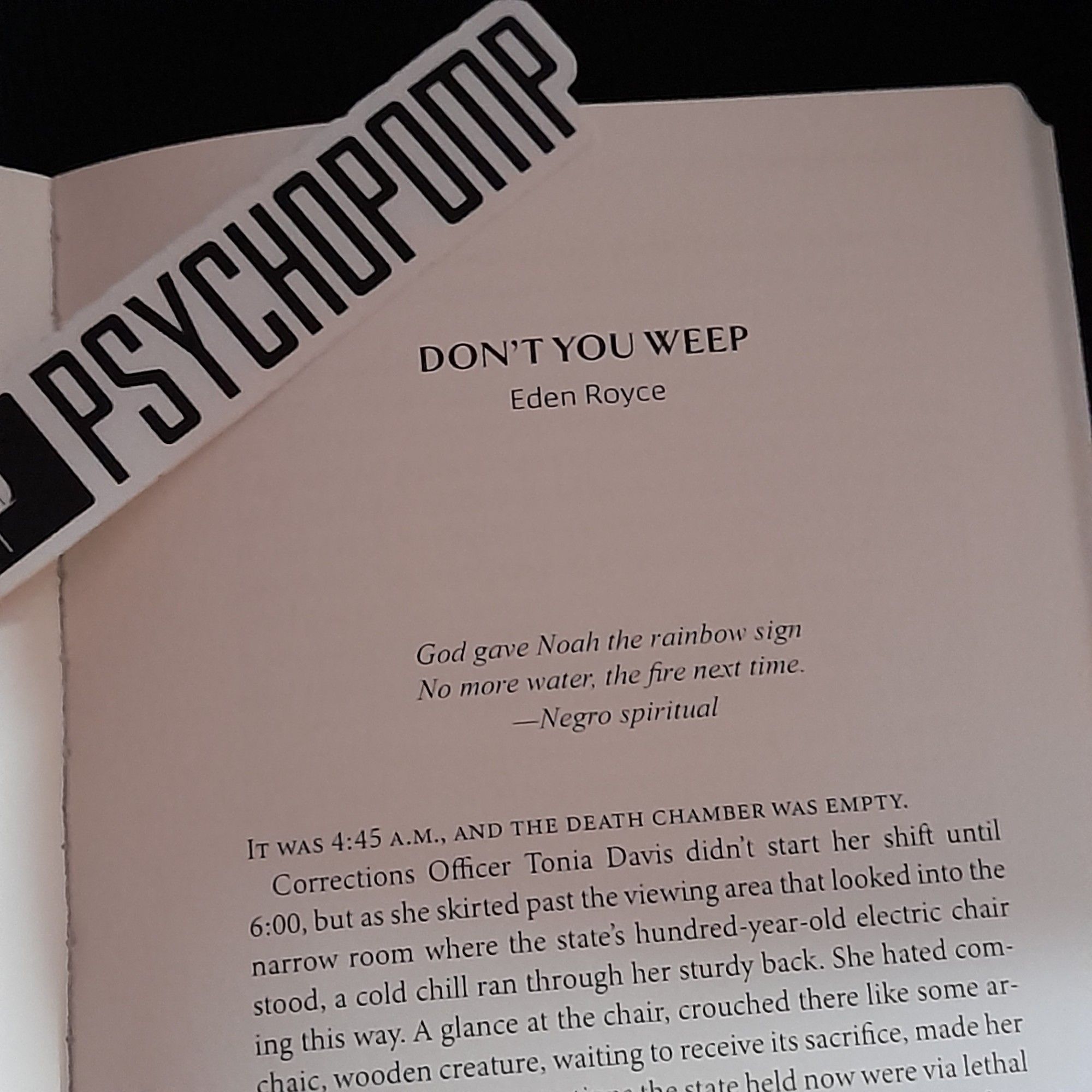 The page of Afterlives where my story begins with Psychopomp sticker.  "Don't You Weep"
God gave Noah the rainbow sign
No more water, the fire next time
-Negro spiritual