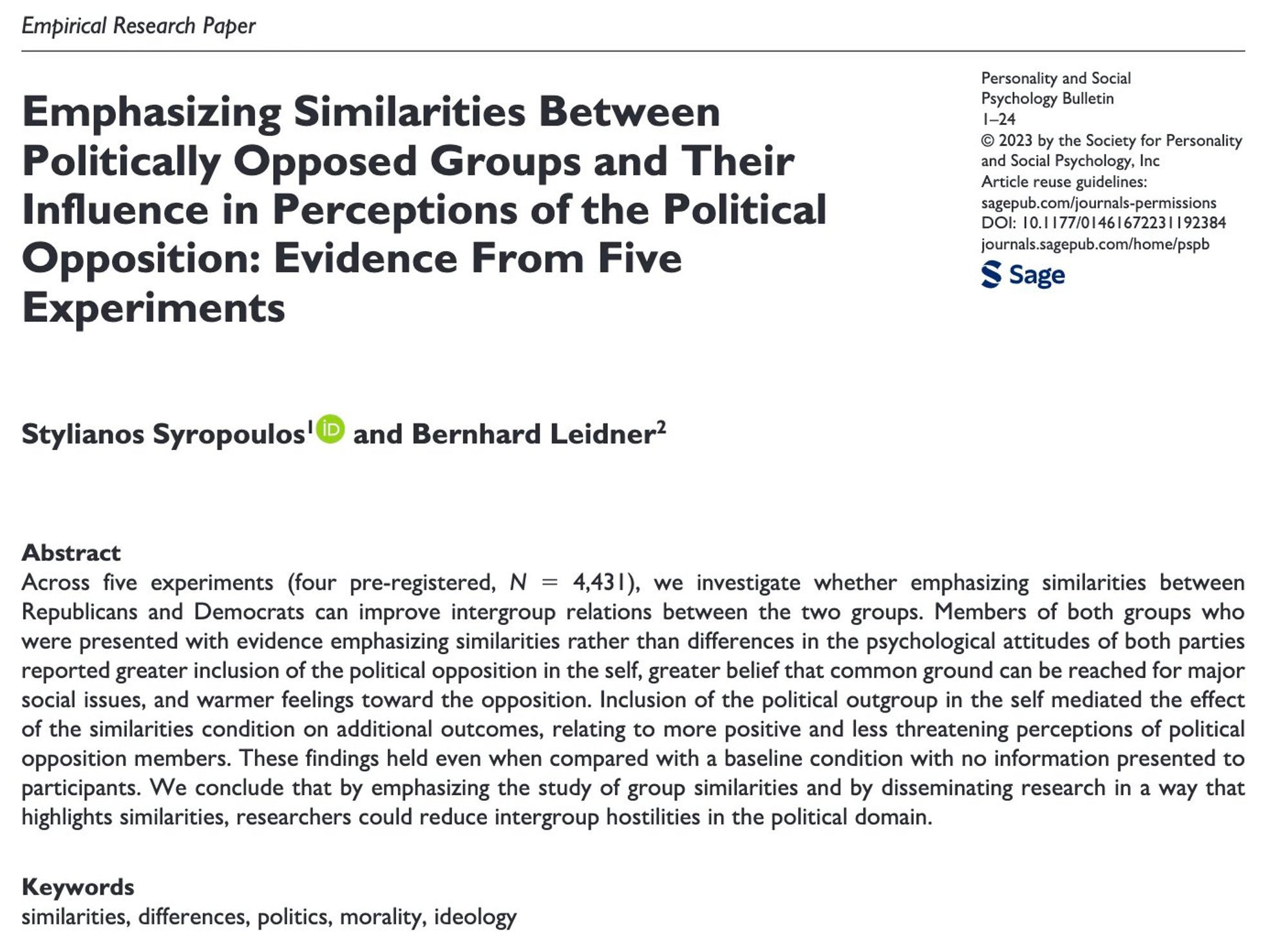 Emphasizing Similarities Between Politically Opposed Groups and Their Influence in Perceptions of the Political Opposition: Evidence From Five Experiments