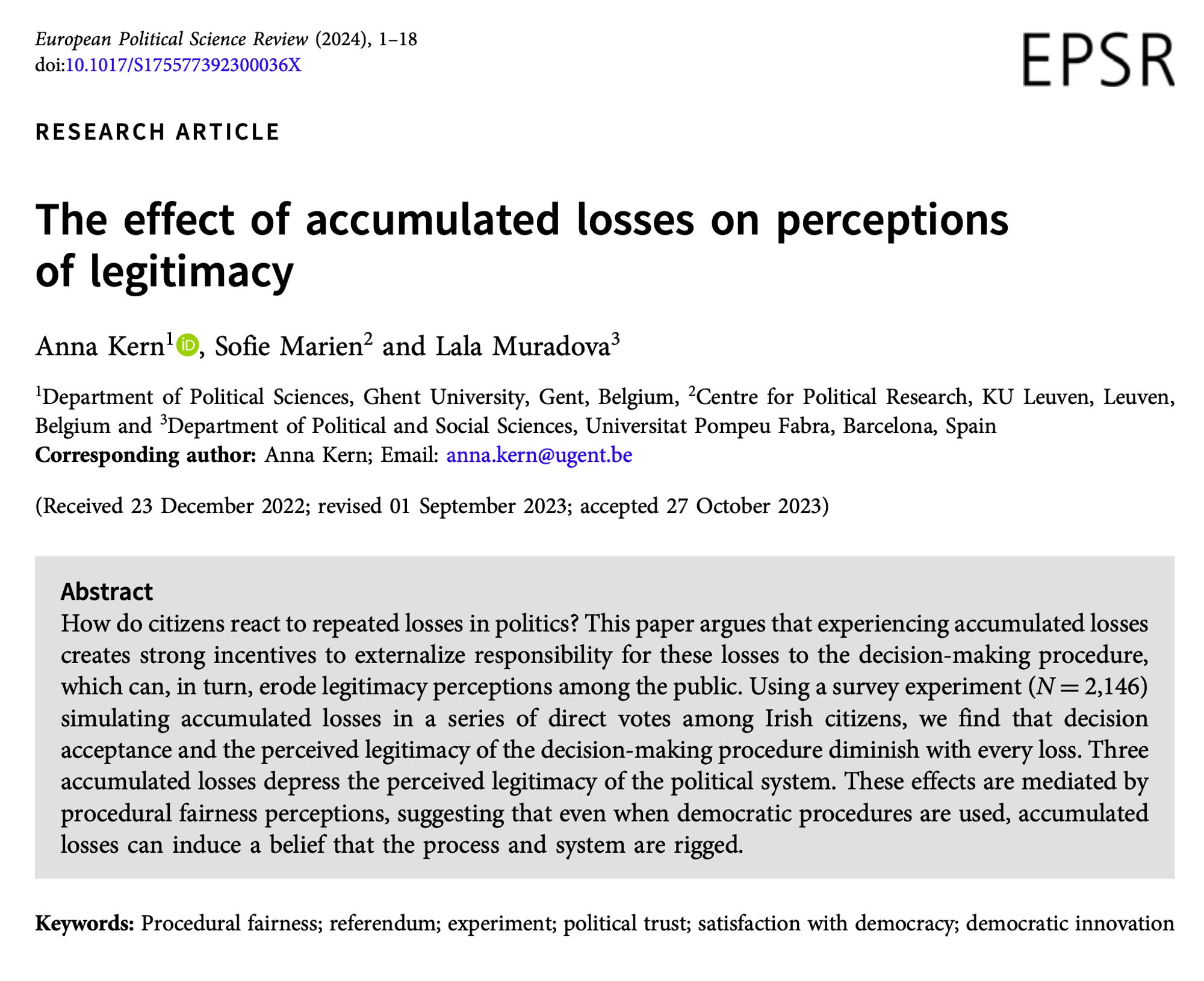 The effect of accumulated losses on perceptions of legitimacy
Published online by Cambridge University Press:  25 January 2024

Anna Kern
Open the ORCID record for Anna Kern[Opens in a new window]
,
Sofie Marien
 and
Lala Muradova