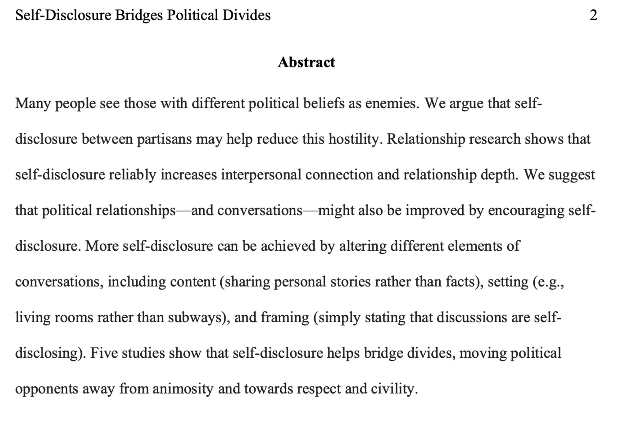 Self-Disclosure Bridges Political Divides