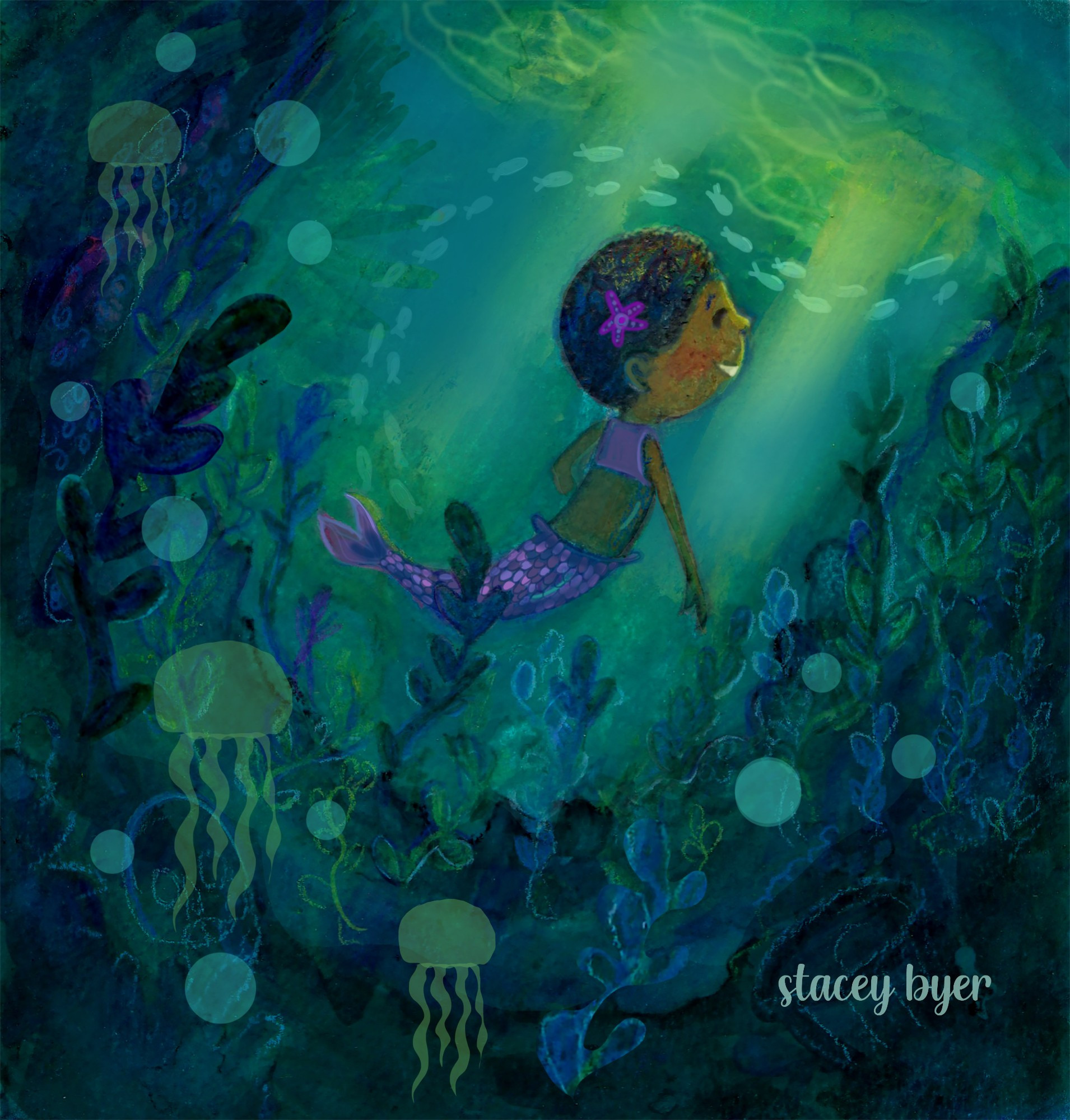 A smiling mermaid child with deep brown skin, cropped close hair, and a purple tail is swimming amongst fish, foliage, and jellyfish. Light filtering down from the water's surface is casting a warm, greenish glow on the child's face.