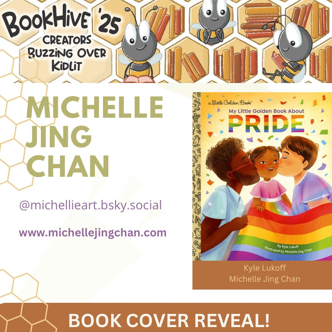 Cover reveal for THE LITTLE GOLDEN BOOK ABOUT PRIDE shows two parents (masculine-presenting) holding a rainbow pride flag and kissing their daughter on the cheek.