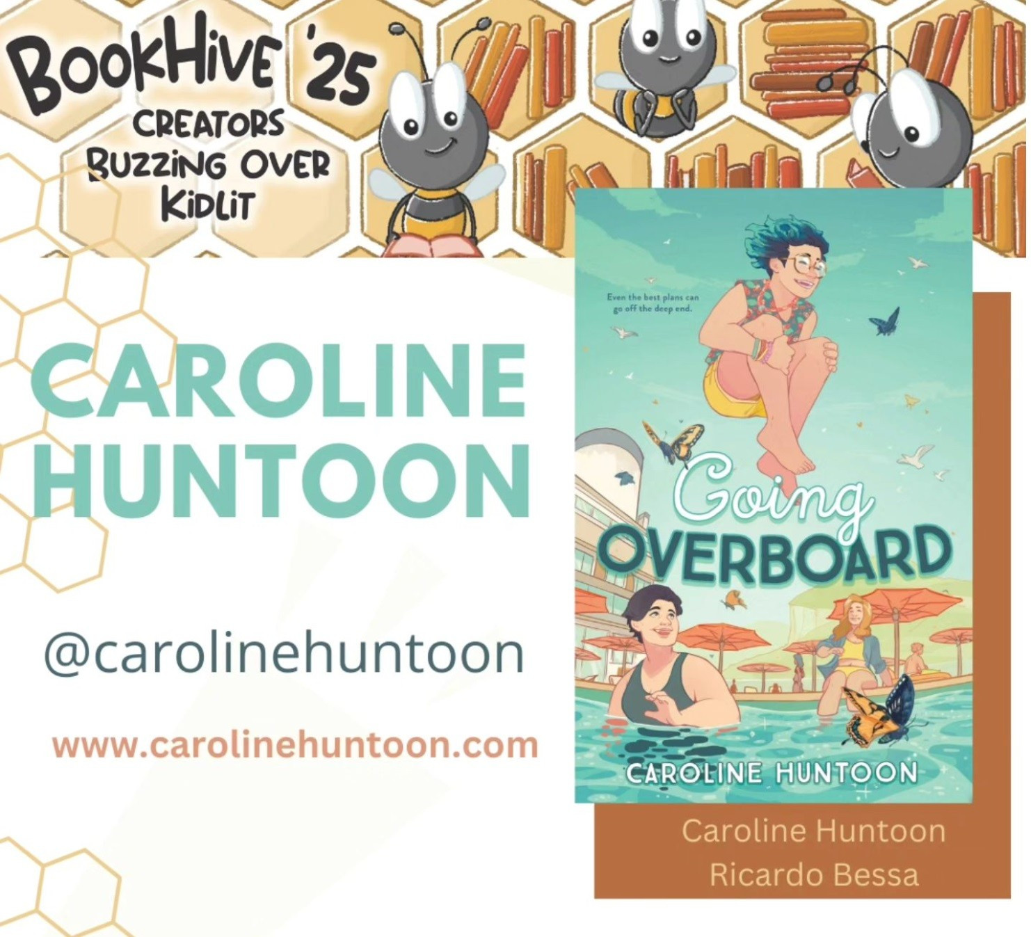 Cover for GOING OVERBOARD by Caroline Huntoon, illustration of kid about to cannonball into a pool by Ricardo Bessa.