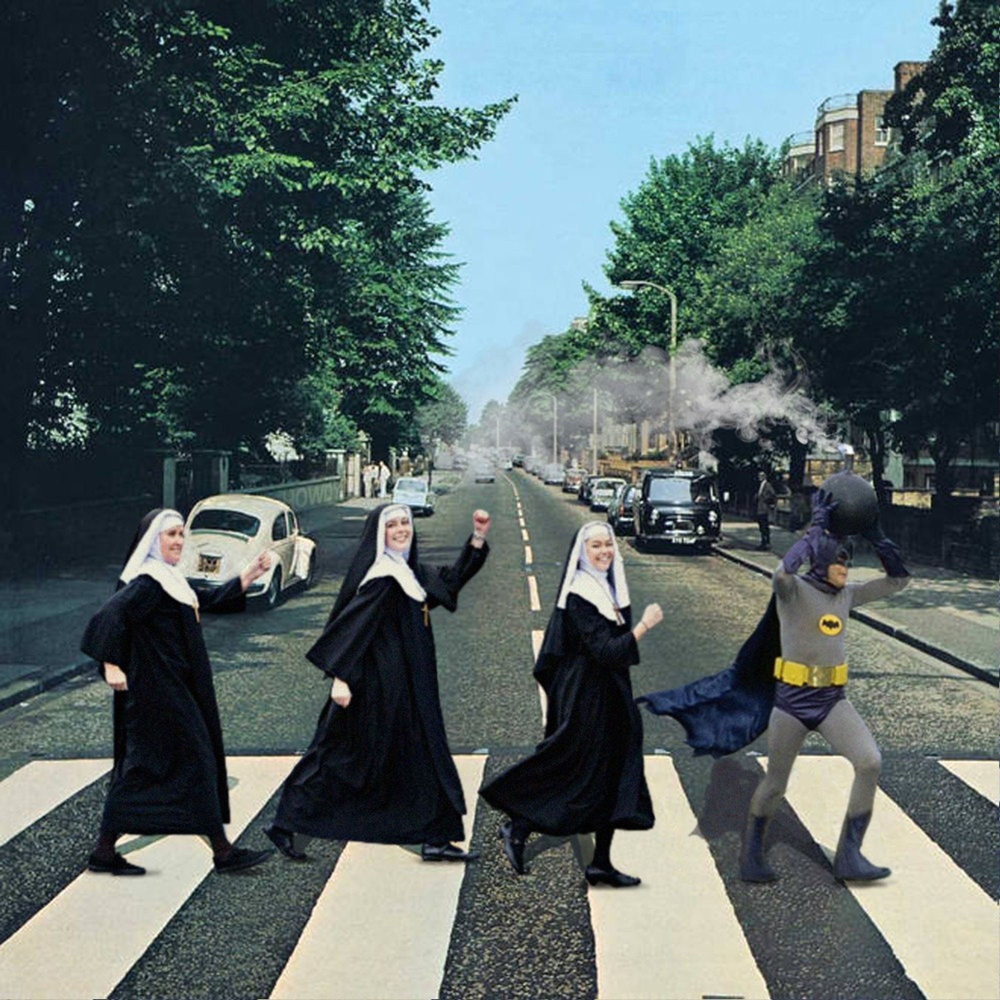 The Abbey Road album cover, but The Beatles have been replaced by (from left to right) 3 nuns and Adam West's Batman, who is carrying a suspiciously long-fused bomb. This image was done in homage to the scene from the 1966 movie where Batman struggles to dispose of said bomb, due to the presence of mothers with babies, nuns, two lovers in a rowboat, a brass band and some ducks.
He was right when he said "Some days, you just can't get rid of a bomb" but don't worry; he eventually did.