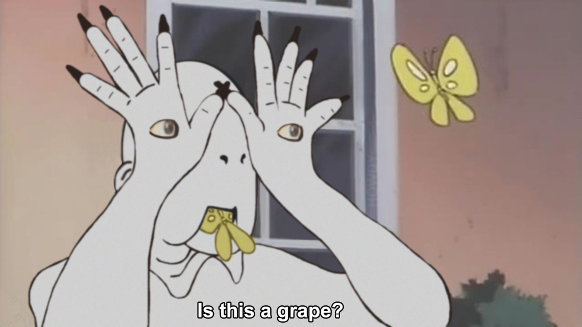 The 'Is This A Pigeon' meme, but the boy has been swapped for the Pale Man from Pan's Labyrinth. He has his eye hands in front of his face and he's chewing on a butterfly/faerie while staring intently at another butterfly/faerie that's about to come within grabbing distance. The wording reads "Is this a grape?" because that was the food item Ofelia ate which woke him up in the movie.