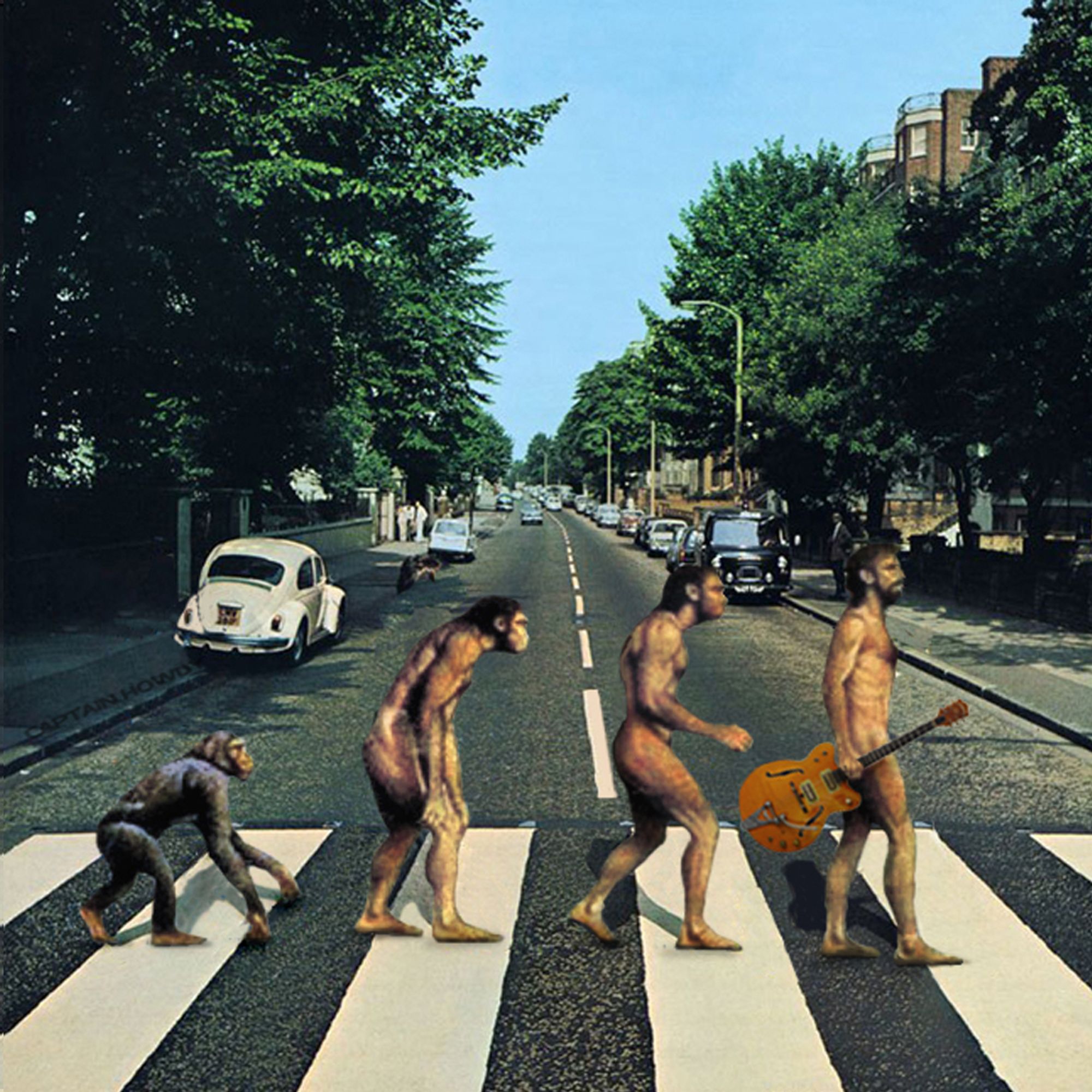 The Abbey Road album cover, but The Beatles have been replaced by (from left to right) the 4 stages of monkey-to-man evolution.
Man - standing where John is usually stood - is carrying a guitar. No, I don't know what guitar it is, but, when I made this image, it was listed as being one they'd used.