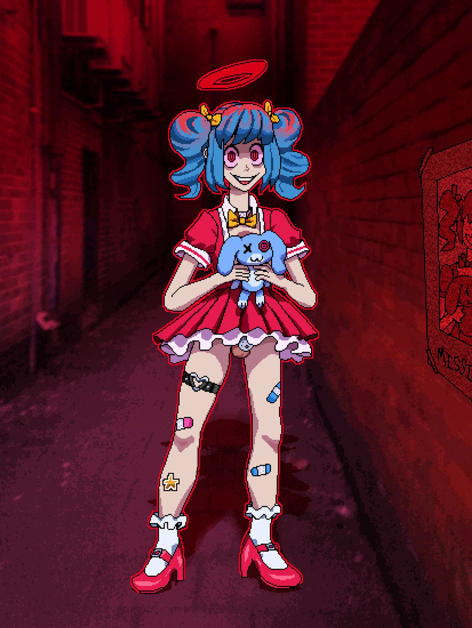 A drawing of a girl standing in a dark alleyway. She has a halo and a frilly dress and is holding a rabbit plushy. Also you can see her dick. She's staring creepily at the viewer.