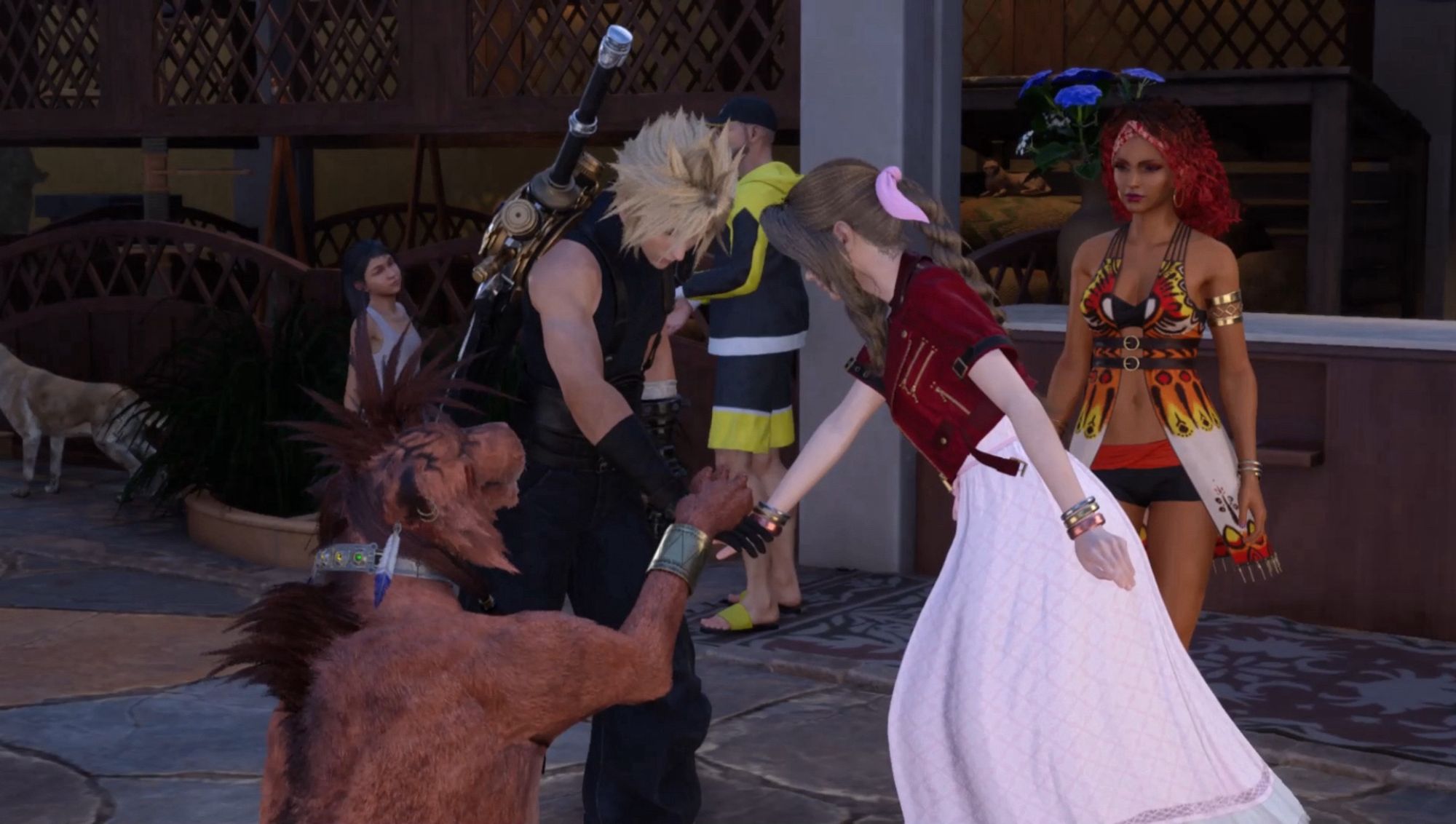 Screenshot from Final Fantasy 7: Rebirth of Aerith, Cloud, and Red XIII/Nanaki putting their hands in for a cheer before Nanaki is subjected to one of Rebirth’s many excessive mini games.